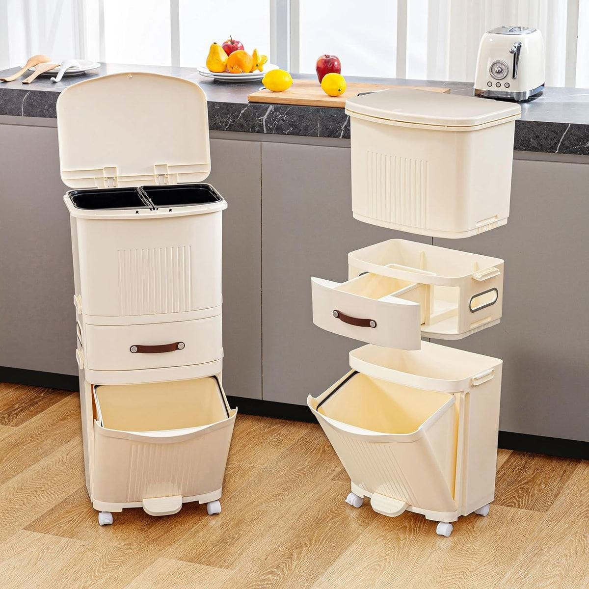 12-Gallon Elevated Trash Can Recycle Bin with Lid on Wheels in Cream