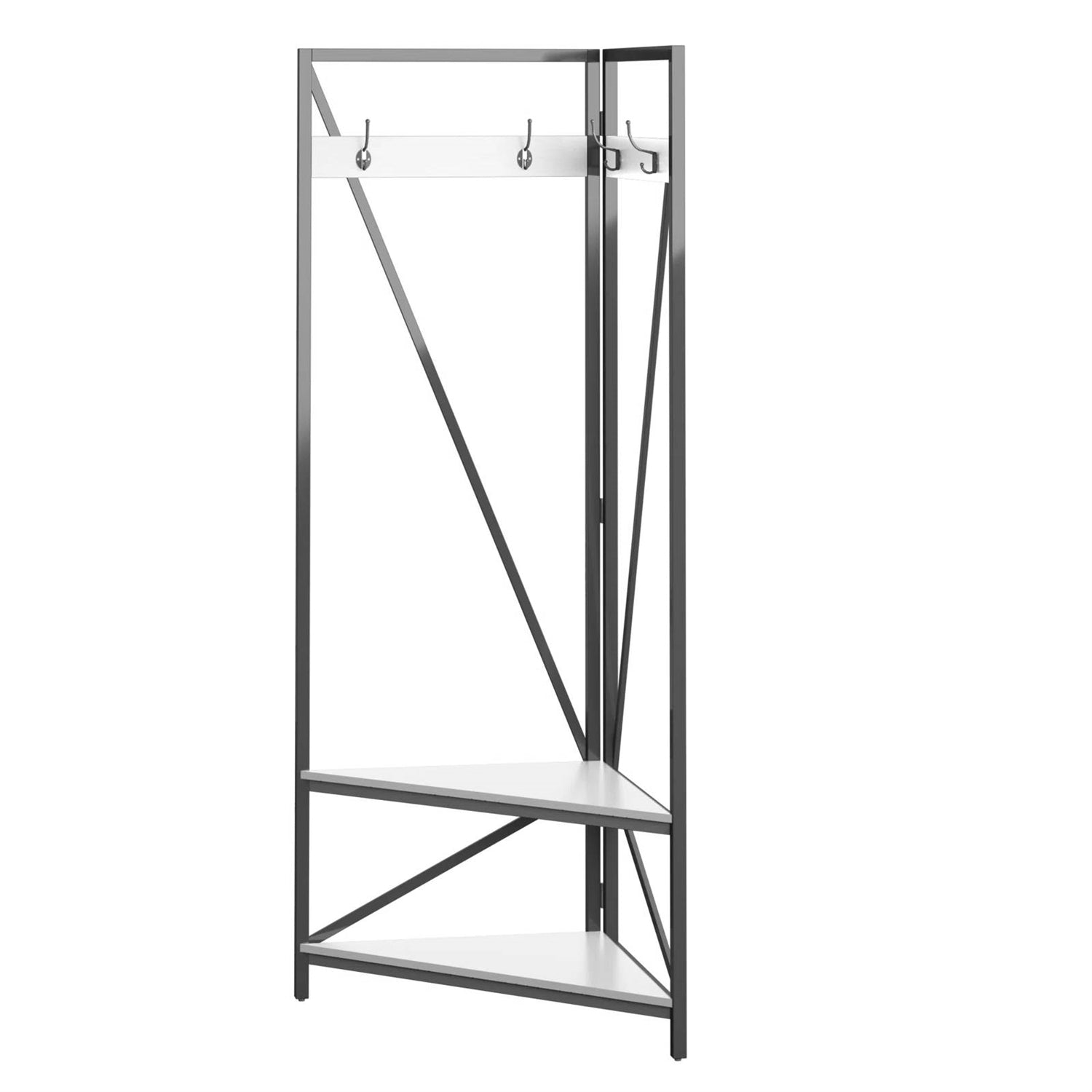 Modern Metal Hall Tree Coat Rack Shoe Storage Bench with White Seat and Shelf