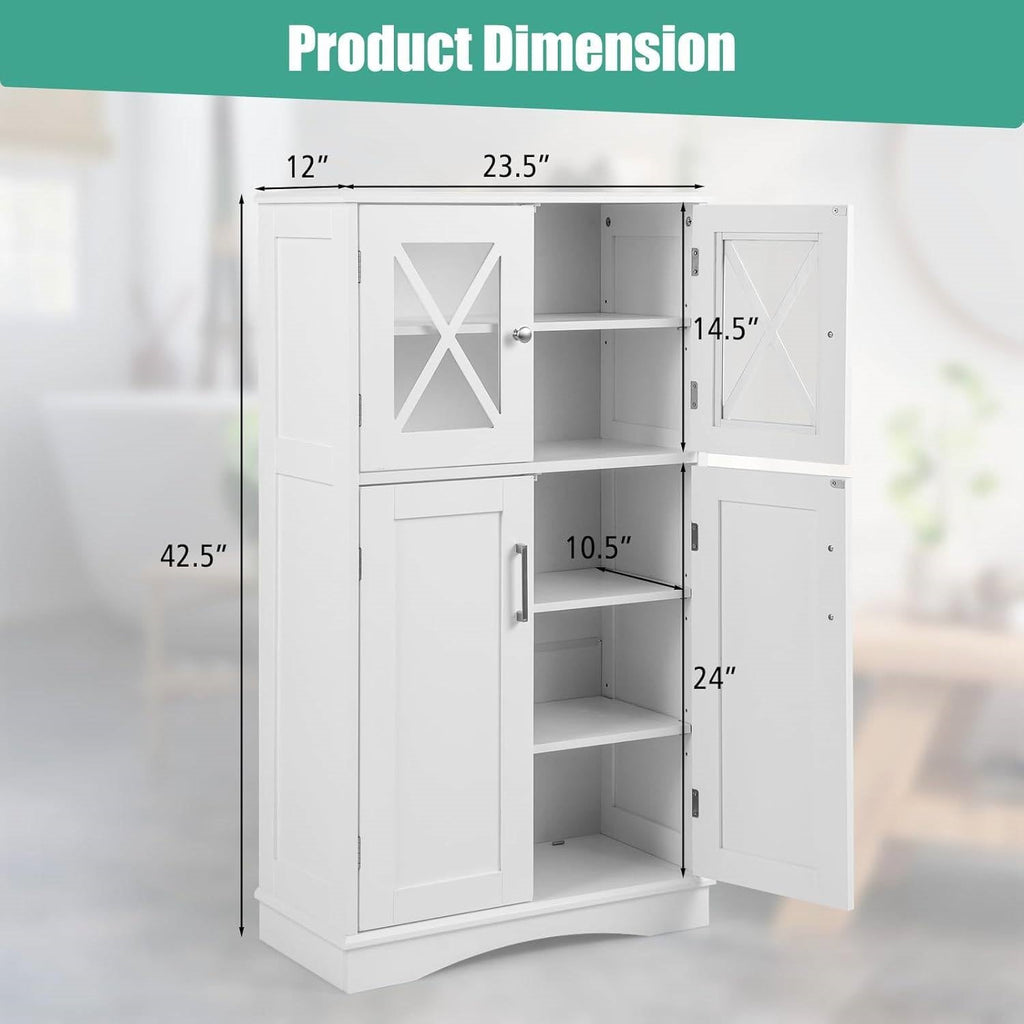 White Bathroom Towel Linen Cabinet with Glass Doors and Storage Shelves