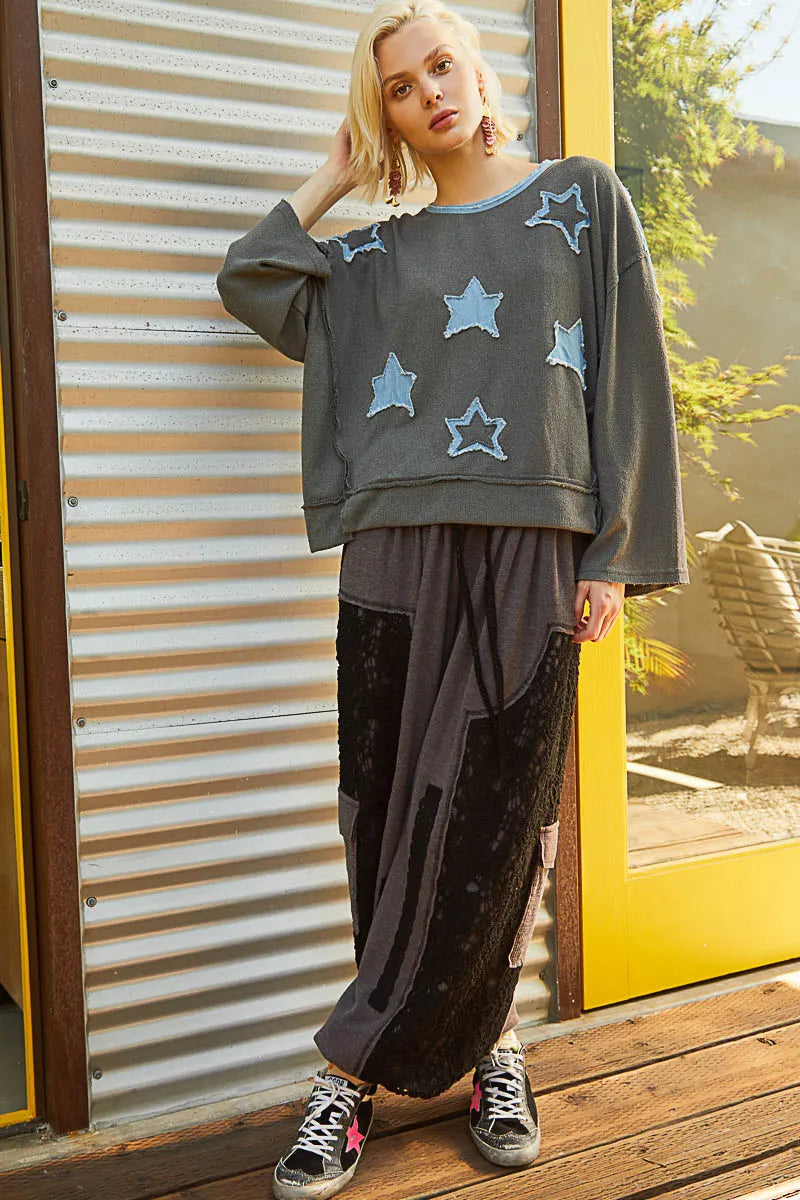 POL Exposed Seam Relaxed Fit Sweater with Star Denim Patch
