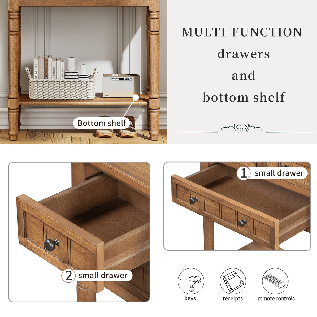 TREXM Narrow Console Table, Slim Sofa Table with Three Storage Drawers and Bottom Shelf (Natural)