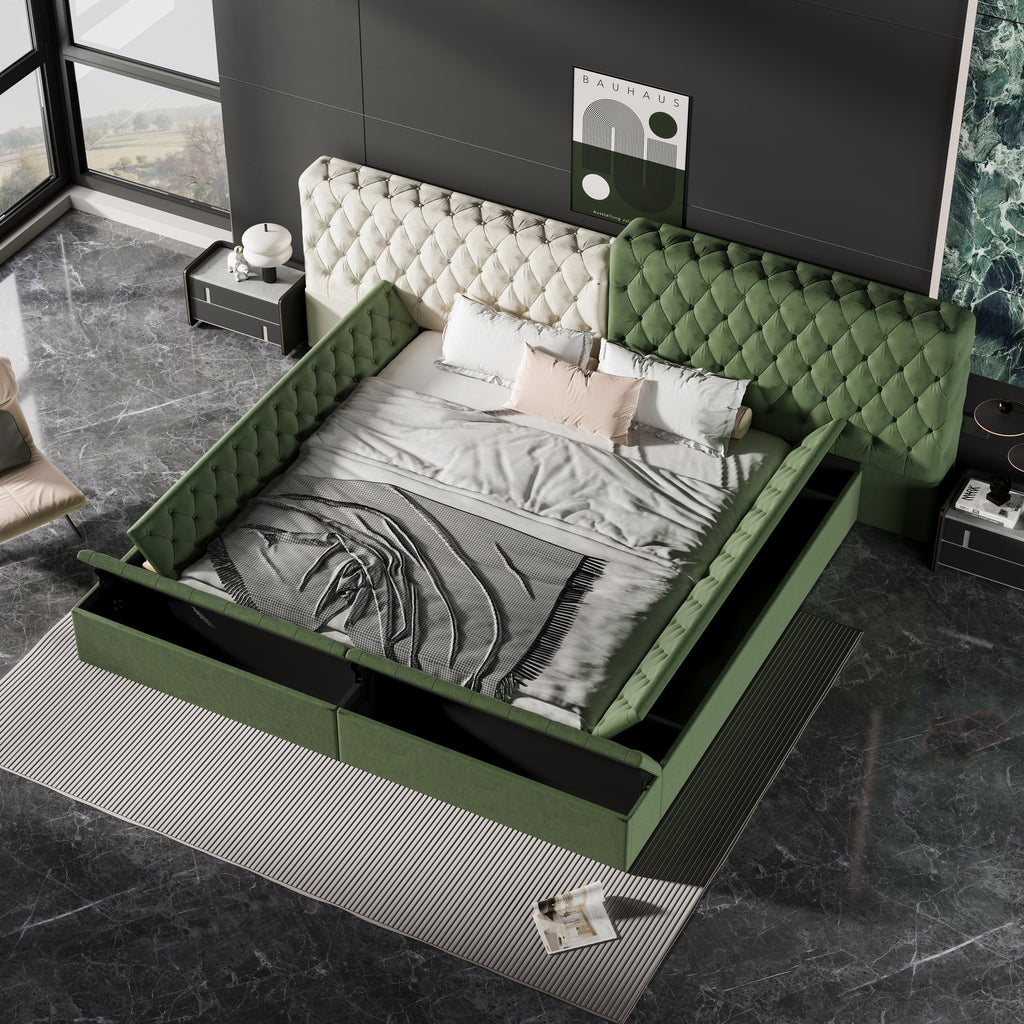 Contemporary Special-shaped Fully Upholstered Bed with Deep Button Tufting and Storage Compartments in Rails and Footboard,No Box Spring Needed,King,Green