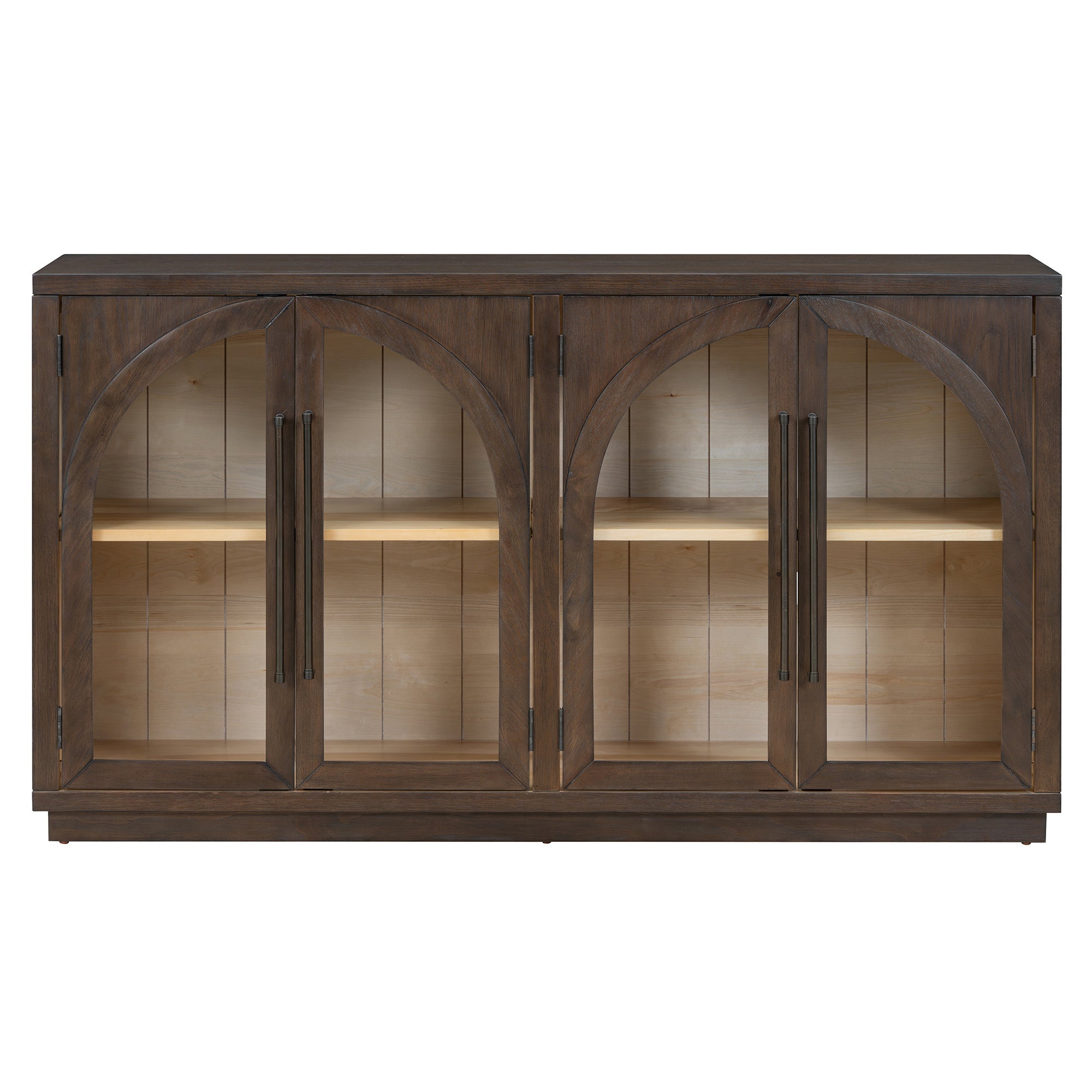TREXM 4-Door Large Storage Sideboard Buffet Cabinet with Glass Doors, Arched Cabinet with Adjustable Shelves for Kitchen, Dining Room and Living Room (Espresso)