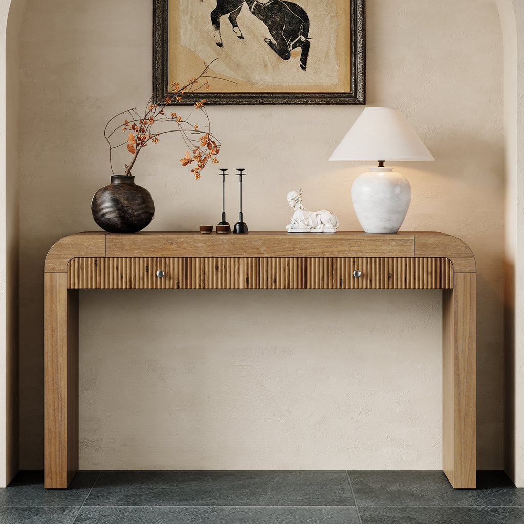 TREXM Rustic Console Table with Fluted Drawer Front, Entryway Table with Curved Corners & Thick Legs, Sturdy Sofa Table for Hallway & Living Room (Natural)
