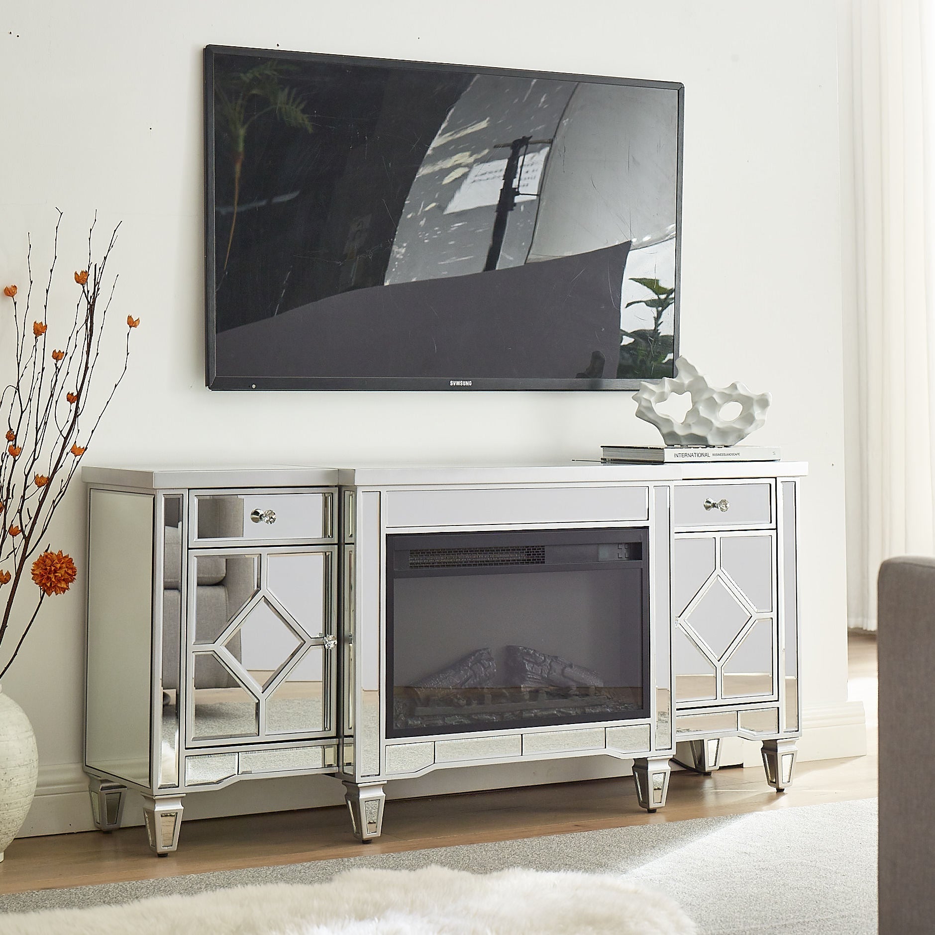 W 57' X D 15 ' X H 25.6' Flash silver combination TV fireplace cabinet