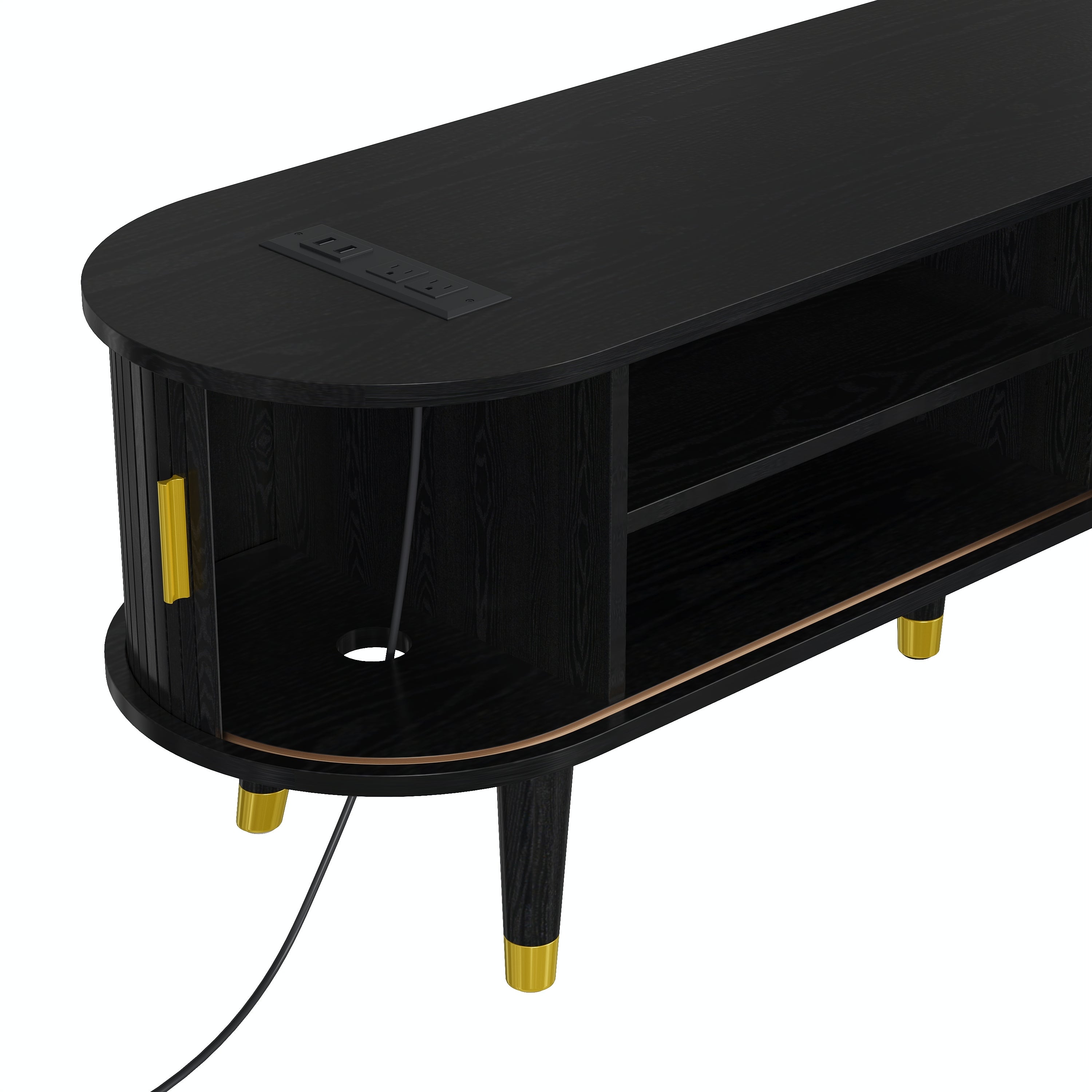Wooden Oval Fluted TV Stand with Charging Station for TV up to 80', Mid-Century Media Console with Sliding Tambour Door, Farmhouse TV Cabinet with Golden Handle for Living Room, Black