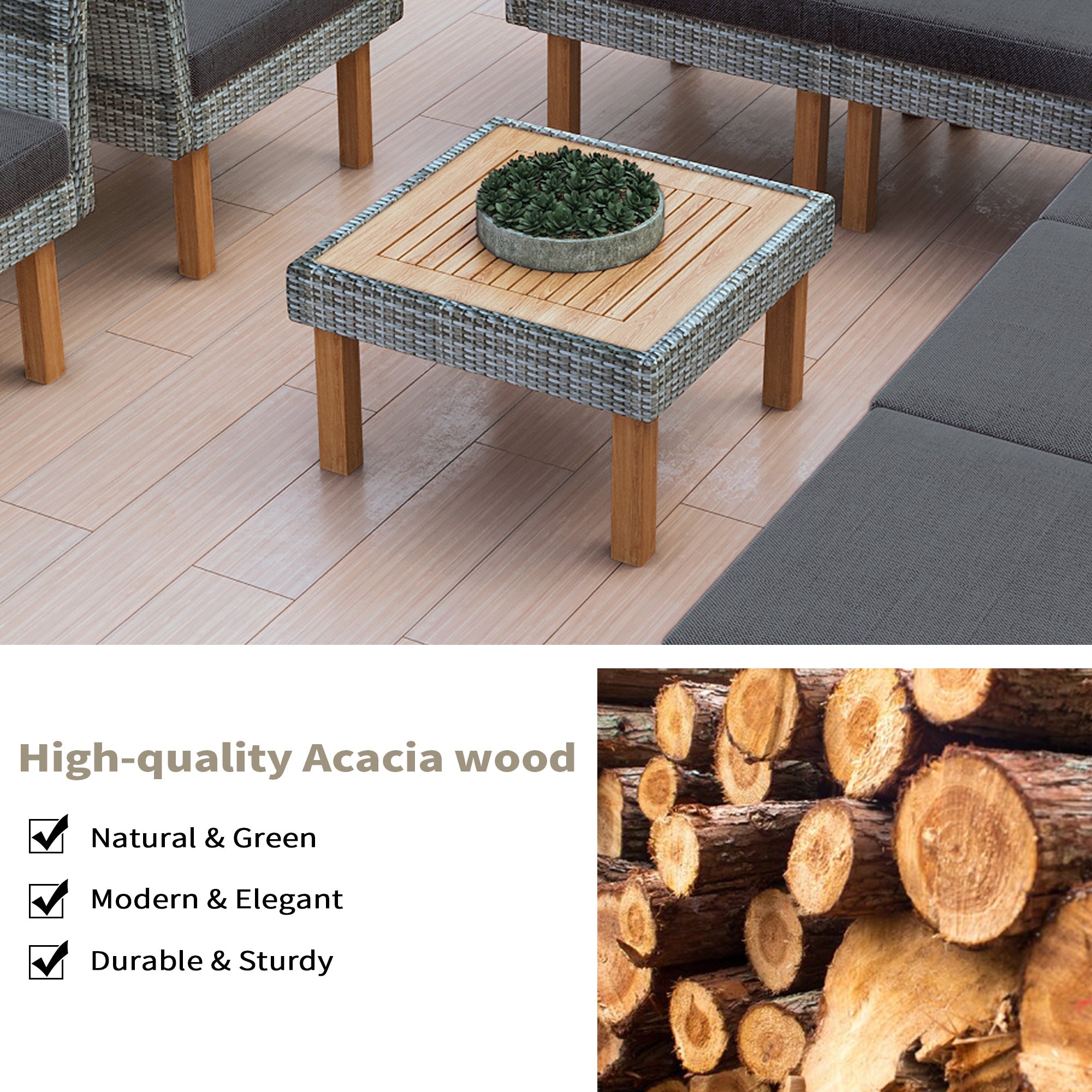 GO 9-Piece Patio Rattan Furniture Set, Outdoor Conversation Set With Acacia Wood Legs and Tabletop, PE Rattan Sectional Sofa Set with Coffee Table, Washable Cushion, Gray