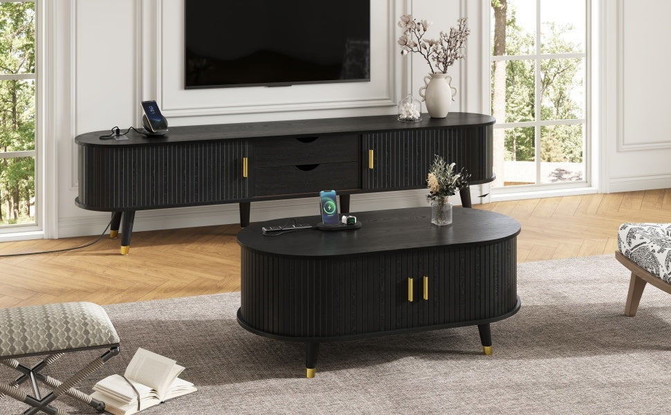 Wooden Farmhouse TV Stand & Coffee Table Set with Charging Station, Oval Fluted Media Console with Sliding Doors for TVs up to 80', Mid-Century Center Table with Solid Wood Legs for Living Room,Black