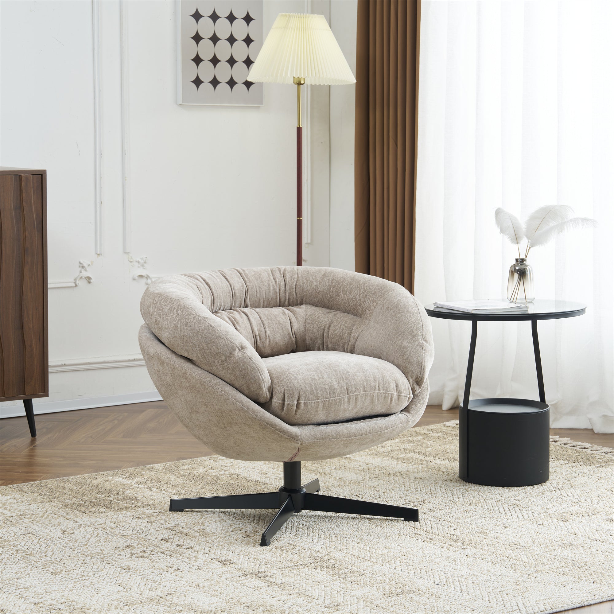 Modern Chenille Office Chair, 360° Swivel Club Chair/Accent Chair with Removable Cushion, Round Office Chair, Black Metal Base, Cotton Material, Living Room, Bedroom, Reading Corner, Office (Brown)