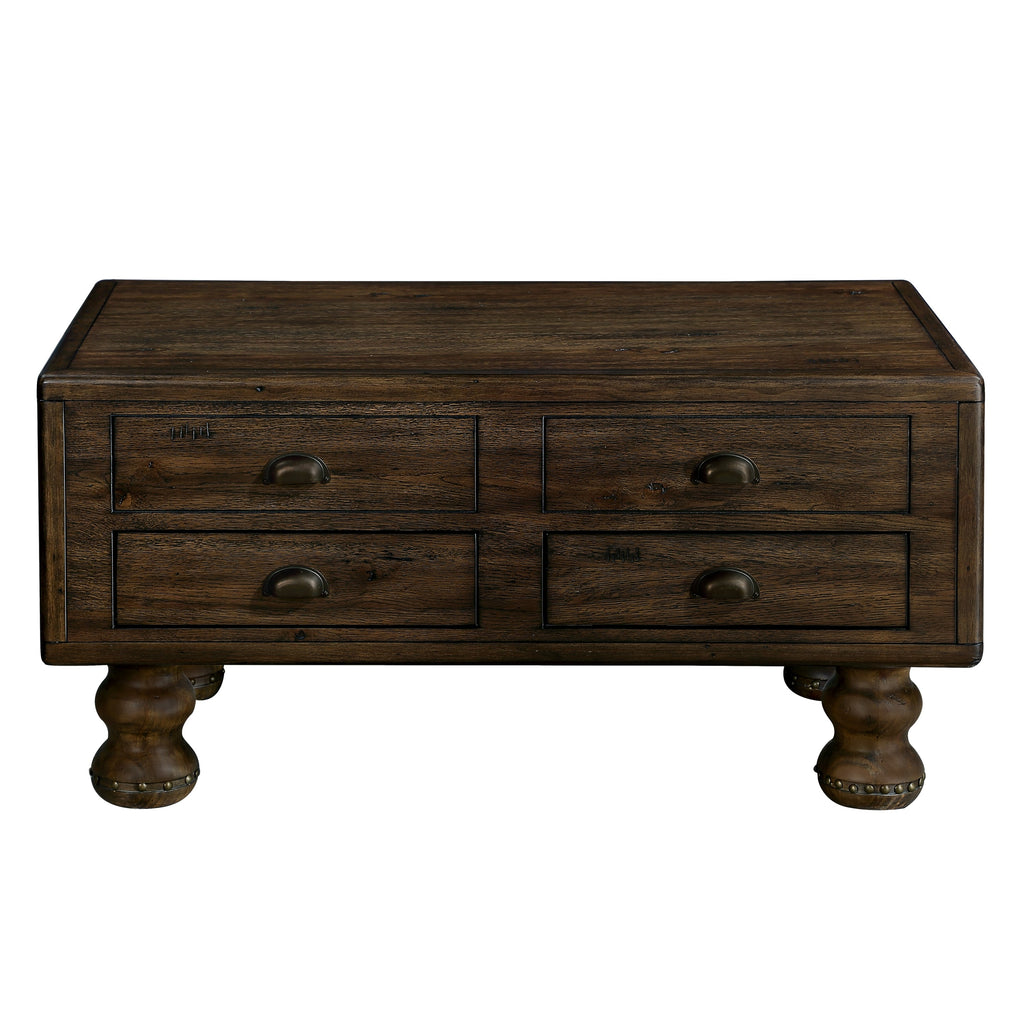 Solid Wood Rectangle Coffee Table for Living Room, 40-Inch Antique Coffee Table with 4 Drawers, Wood Center Table Tea Table with Rivet Decoration Legs.Easy Assembly, Espresso