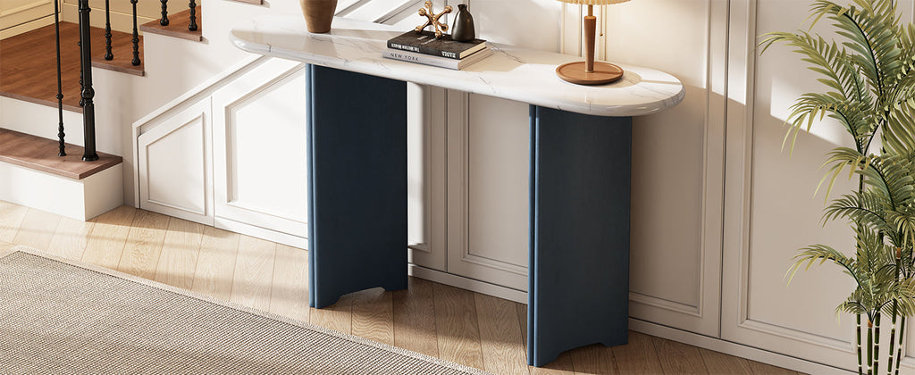 TREXM Narrow Console Table, Entryway Table with Oval Faux Marble Top, Rustic Sofa Table with Curved Legs, Hallway Accent Table for Entrance and Living Room (Navy+White)