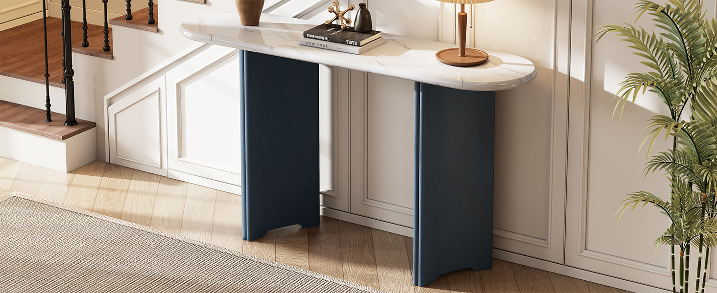 TREXM Narrow Console Table, Entryway Table with Oval Faux Marble Top, Rustic Sofa Table with Curved Legs, Hallway Accent Table for Entrance and Living Room (Navy+White)