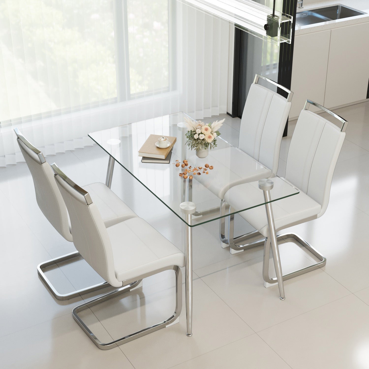 Glass Dining Table, Modern Rectangular Table with Tempered Glass Tabletop & Sliver metal Legs, Simplistic Kitchen Table, Versatile Table for Home Office (0 damage)