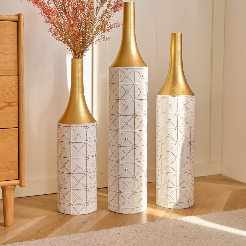 Floor Metal Vases Decorated White Metal Vases Set of 3 Gorgeous Home Decoration Large Glazed Metal Vases 24in/28.7in/33.5in Height