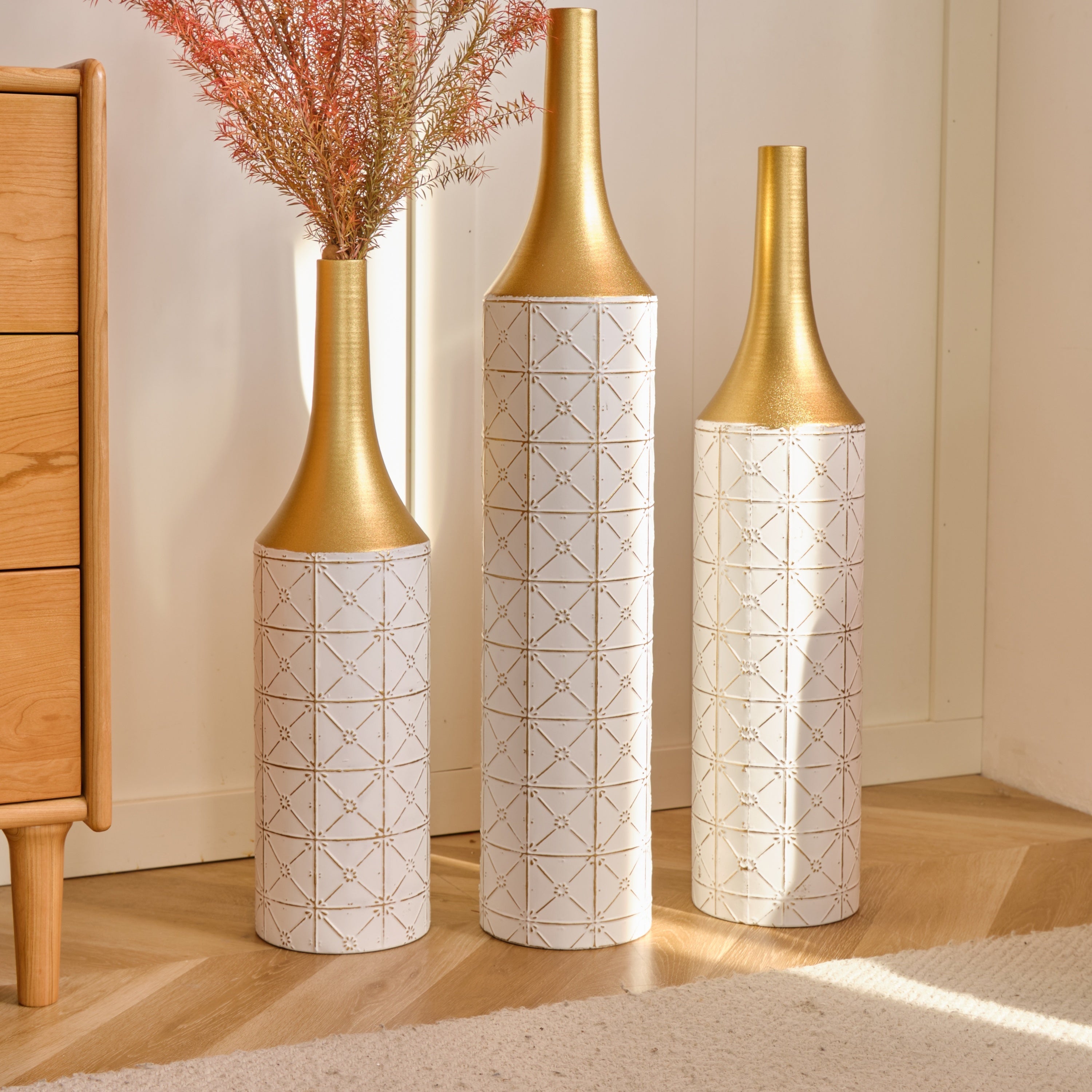 Floor Metal Vases Decorated White Metal Vases Set of 3 Gorgeous Home Decoration Large Glazed Metal Vases 24in/28.7in/33.5in Height