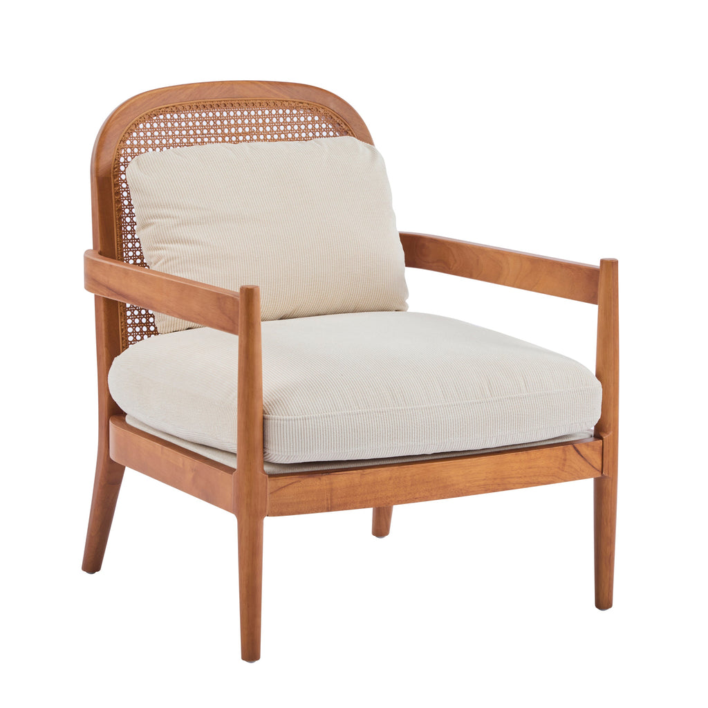 [Set of 2]  26.6' Mid-Century Modern Accent Chair with Walnut Finish Solid Wood Frame and Rattan Backrest, Beige Cushion with Striped Fabric,  Comfy Armchairs for Living Room, Bedroom, Reading Nook