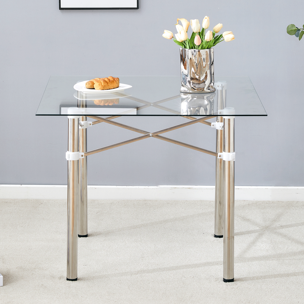 Elegant Expandable Square Glass Table - 36' Clear Tempered Glass, Silver Metal Legs.Telescopic metal legs, transparent square glass tabletop, suction cup attachment connection.