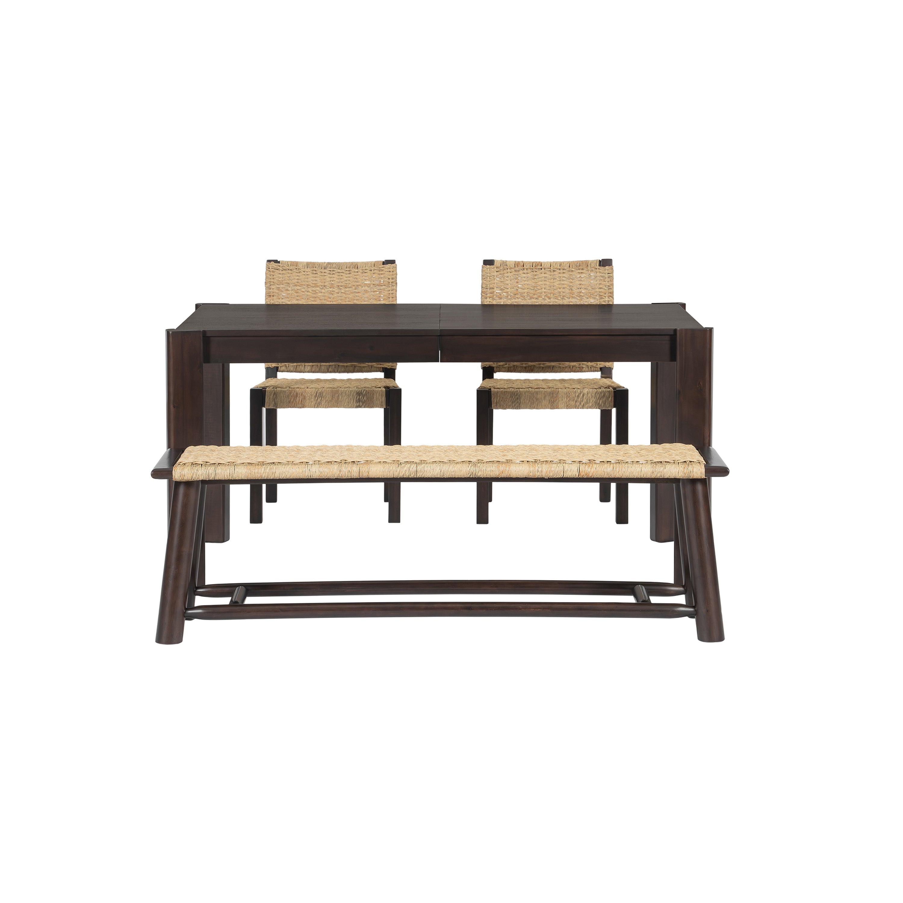Modern Farmhouse Extendable Dining Table Set with Solid Wood Rattan Chairs – Expandable 59' to 73' for 4-8 Guests in Walnut & Champagne