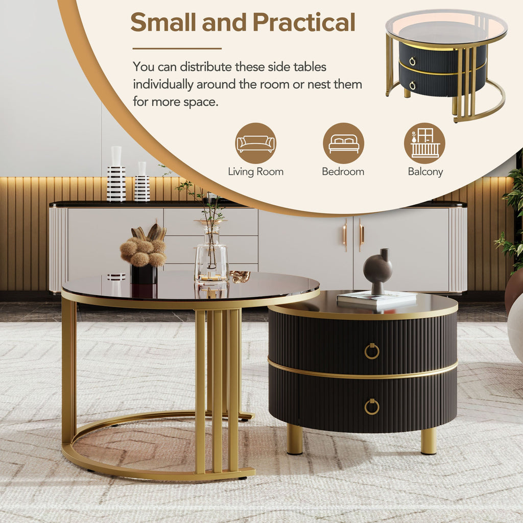 ON-TREND Φ27.5'' & Φ19.6'' Stackable Coffee Table with 2 Drawers, Nesting Tables with Brown Tempered Glass and High Gloss Marble Tabletop, Set of 2, Round Center Table for Living Room, Black