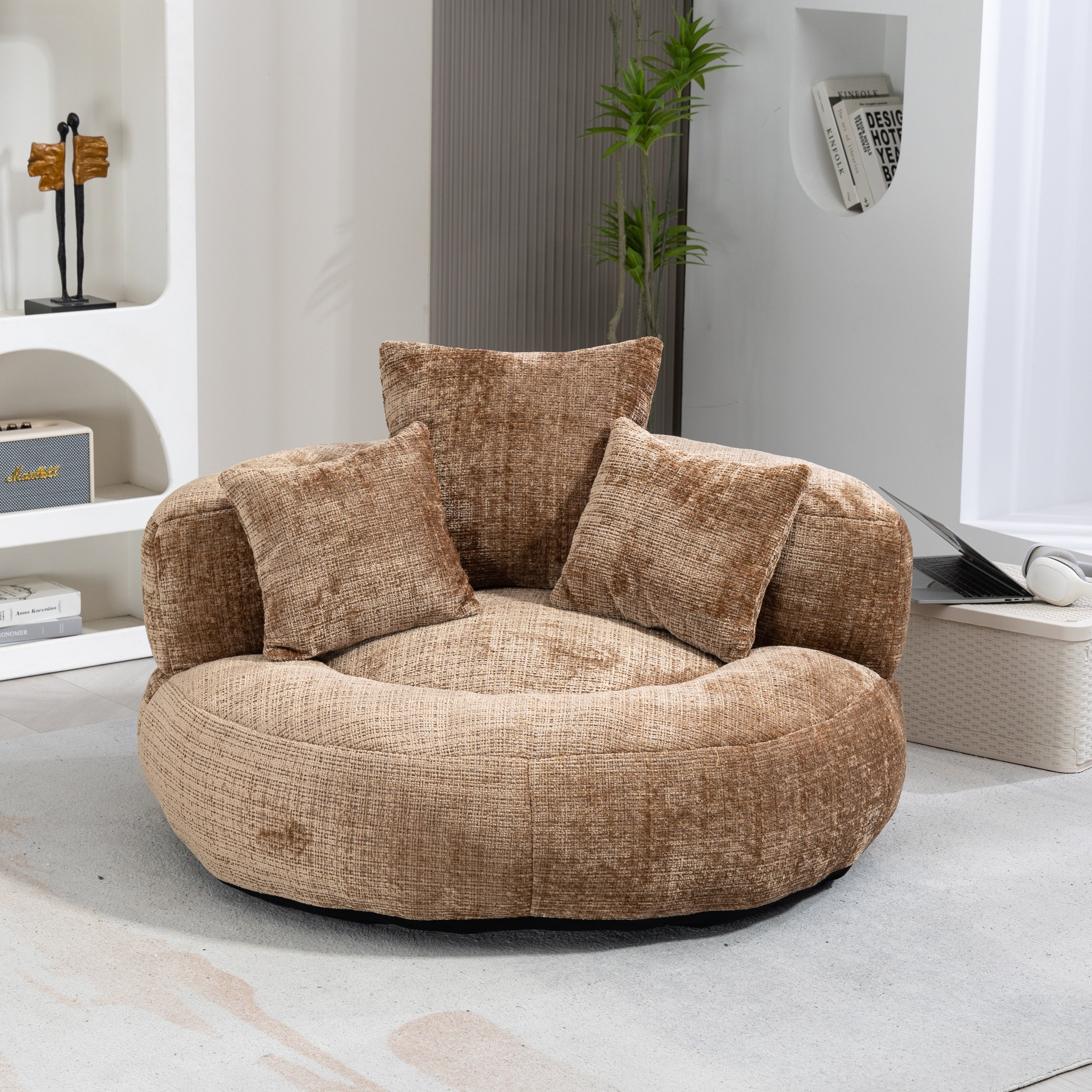 Lazy Sofa Durable Comfort Lounger High Back Bean Bag Chair with Three Pillows, Coffee Chenille, 42.52 inches