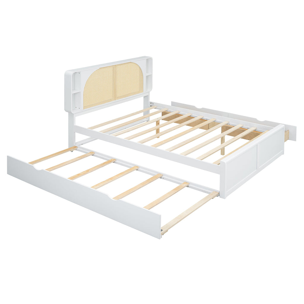 Queen Size Rattan Headboard Bed with Two Drawers and Trundle, White