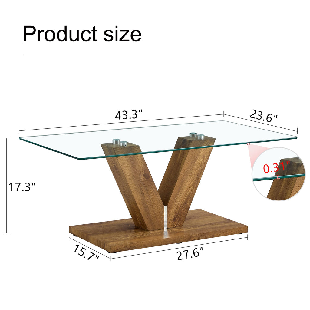 A modern minimalist style coffee table. Transparent tempered glass tabletop with wooden MDF columns. Suitable for living room and dining room.  CT-V