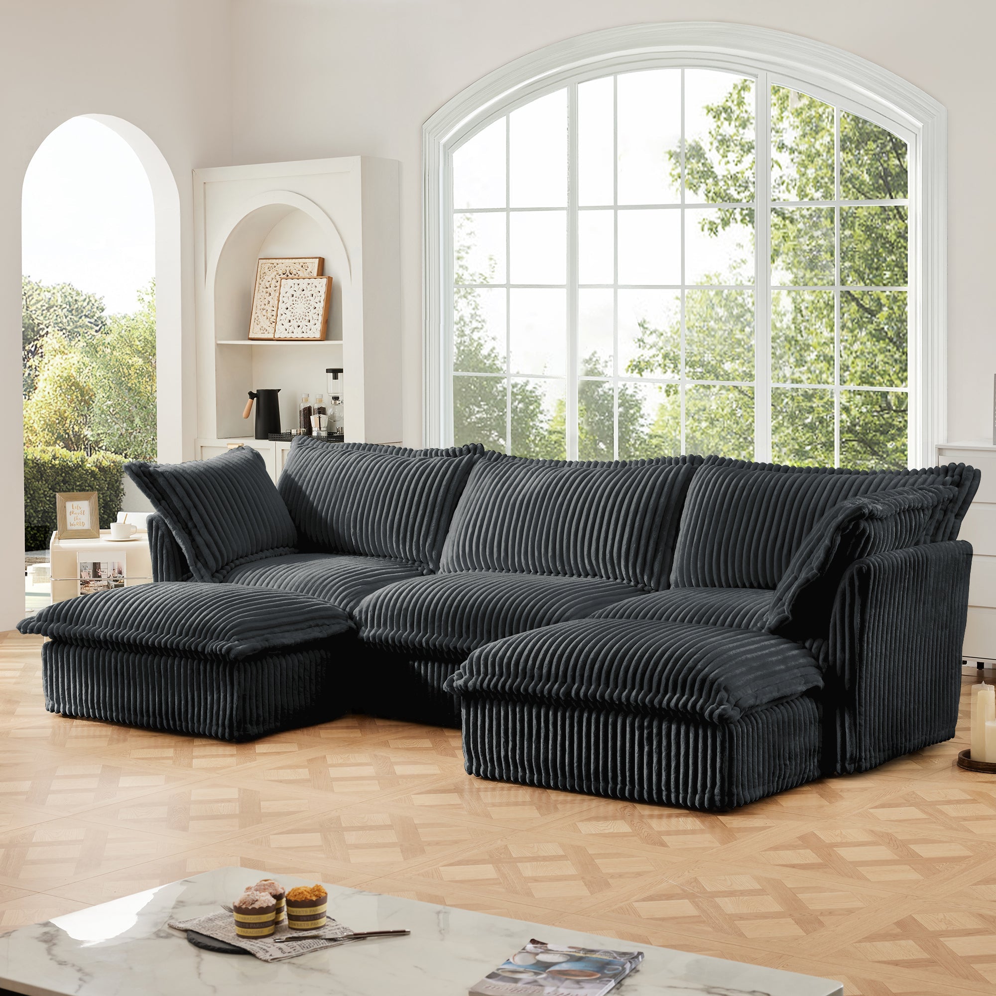 Slipcovered U Shape Sectional Deep Seat Sofa Couch, 3 Seater Sofa with French Edges Design Multiple Big Pillows, Modular Deep Seat Sectional Sofa Comfy Cloud Couch for Living Room, Apartment,Gray