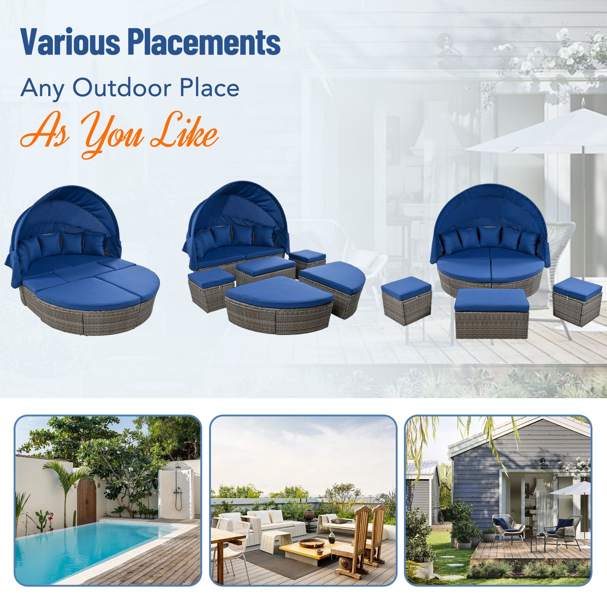GO Outdoor rattan daybed sunbed with Retractable Canopy Wicker Furniture, Round Outdoor Sectional Sofa Set, Gray Wicker Furniture Clamshell Seating with Washable Cushions, Backyard, Porch, Blue