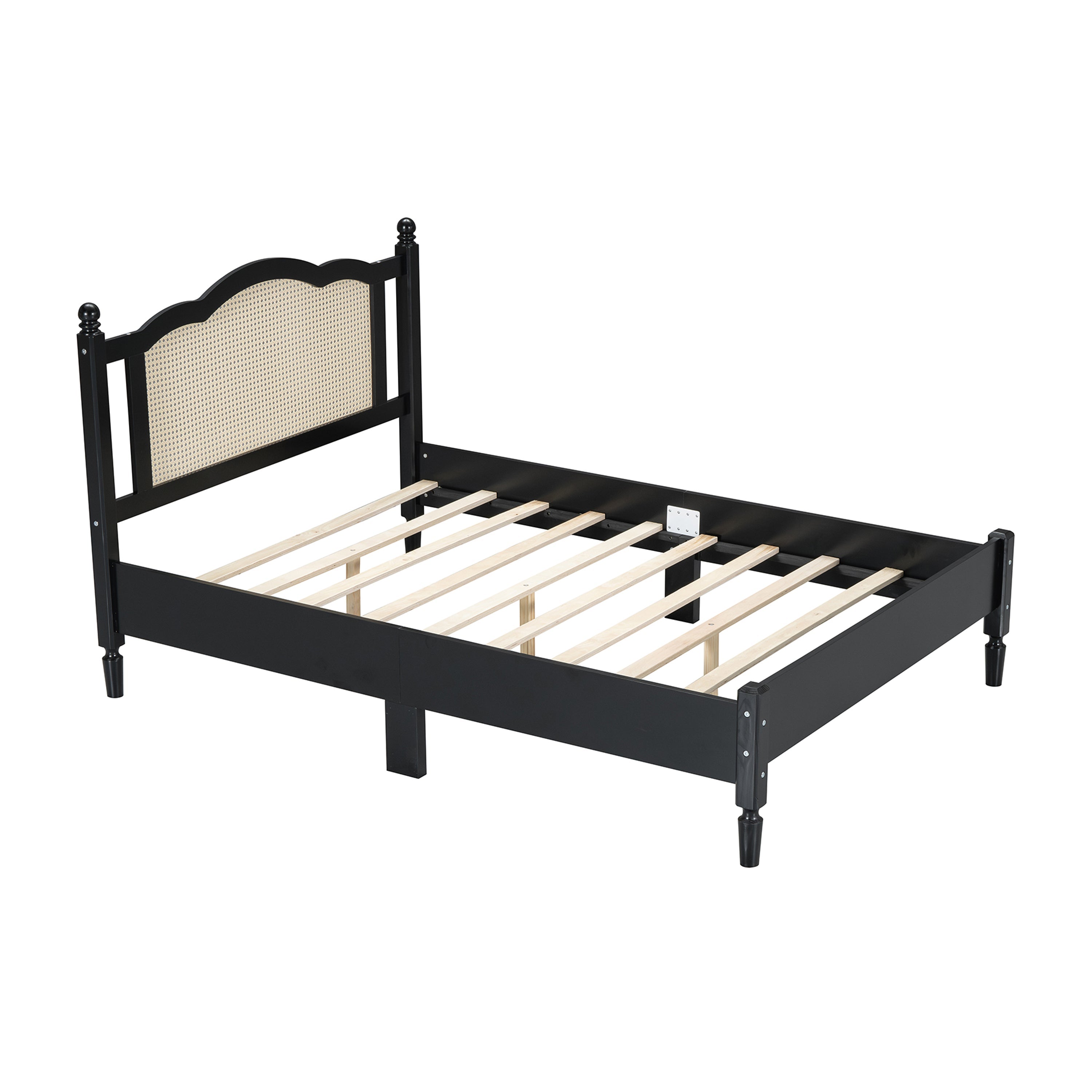 Full Size Wooden Platform Bed with Natural Rattan Headboard, Vintage Bed Frame with Wooden Slat Support, Black