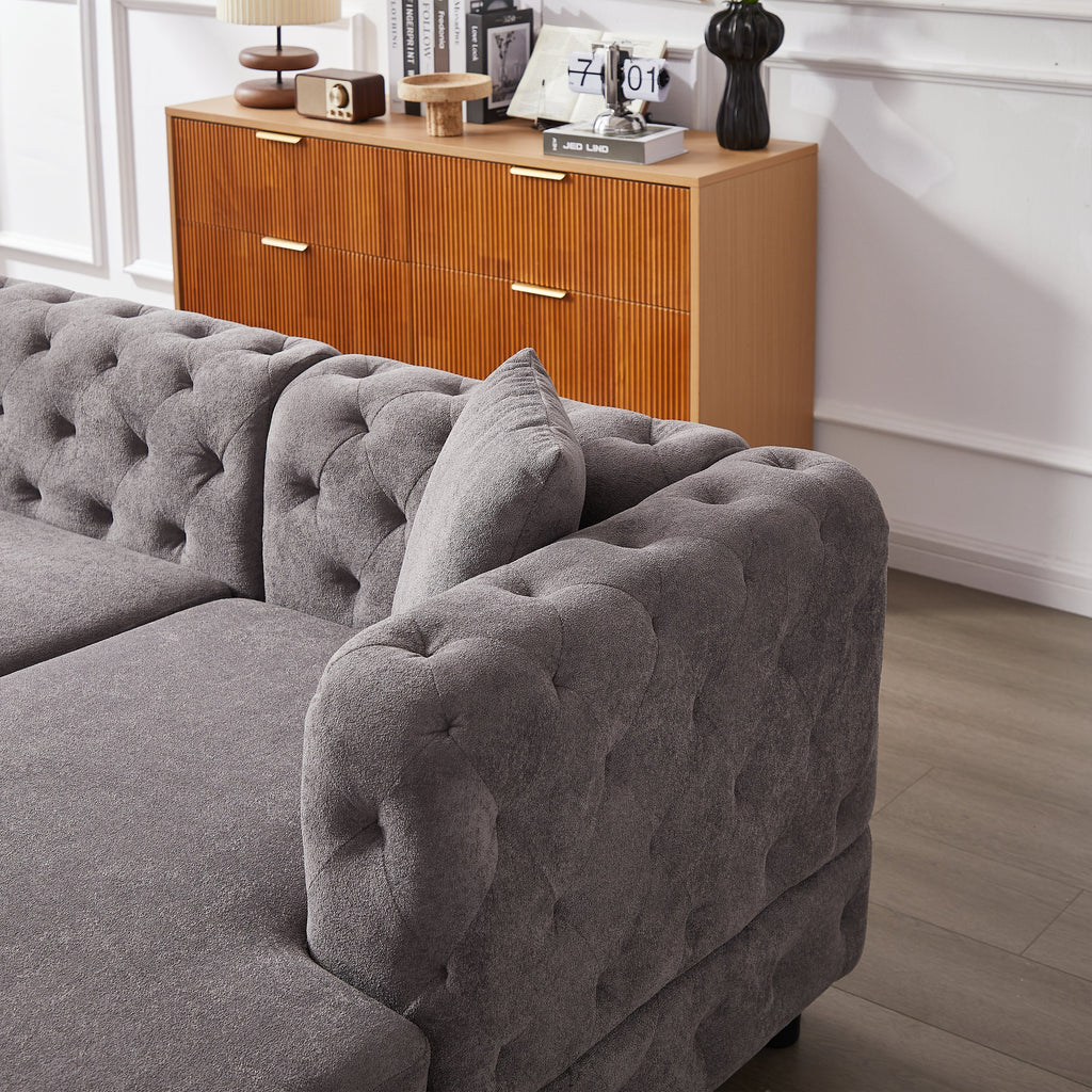 126-inch Modern Style Chenille Three Piece Sofa, Pull Point Design U-shaped Sofa two Chaise Longue Seats, two Pillows and Plastic Feet, Suitable for Living room, Bedroom, Lounge and Projection Room