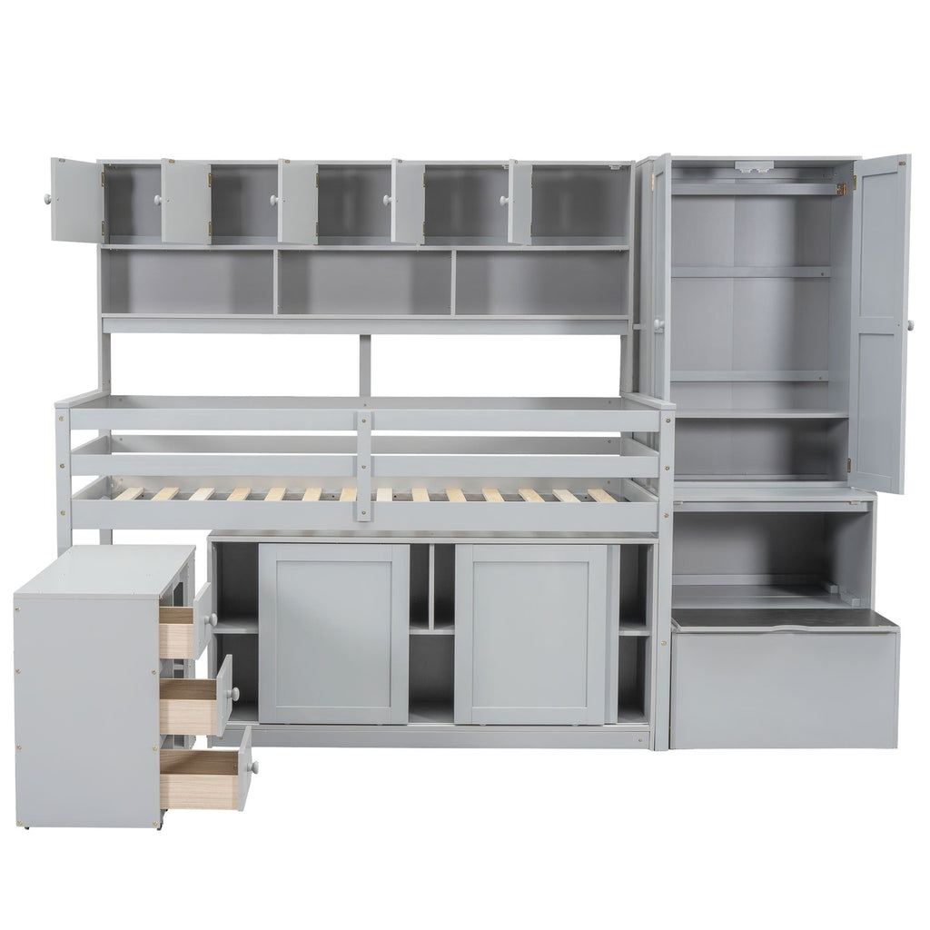 Twin Size Wooden Loft Bed Big Storage with Under-bed Desk, with Drawers, with Shelves, Gray