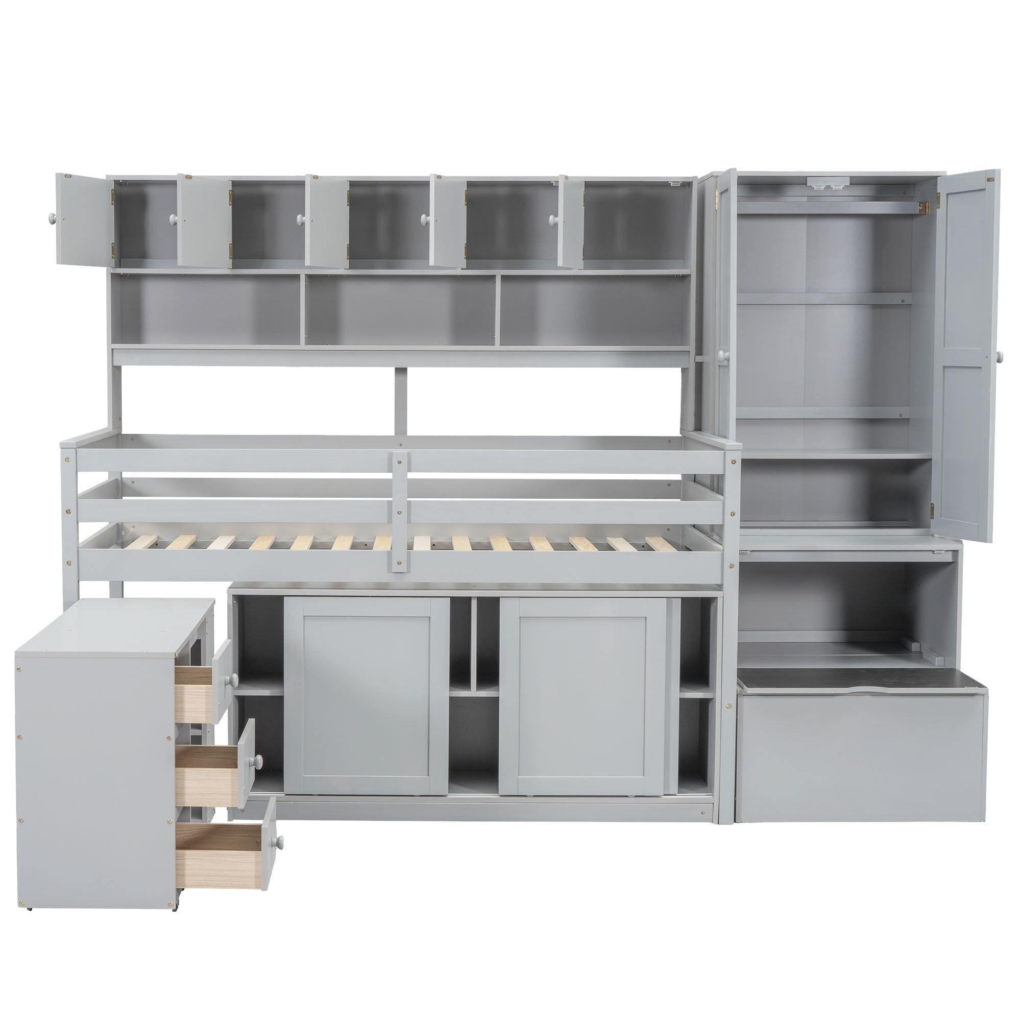 Twin Size Wooden Loft Bed Big Storage with Under-bed Desk, with Drawers, with Shelves, Gray