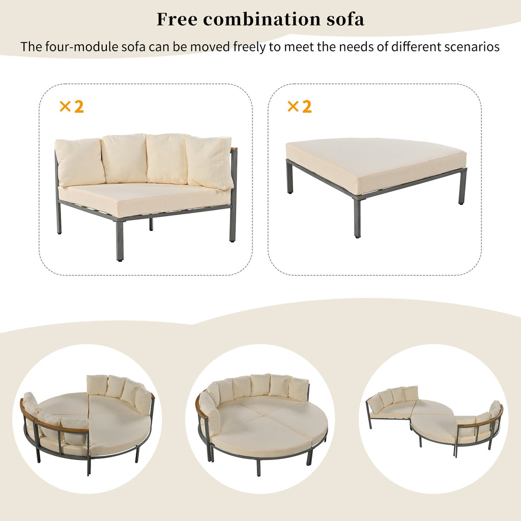 U-style Patio Furniture Set, 4 Piece Round Outdoor Conversation Set All Weather Metal Sectional Sofa with Cushions