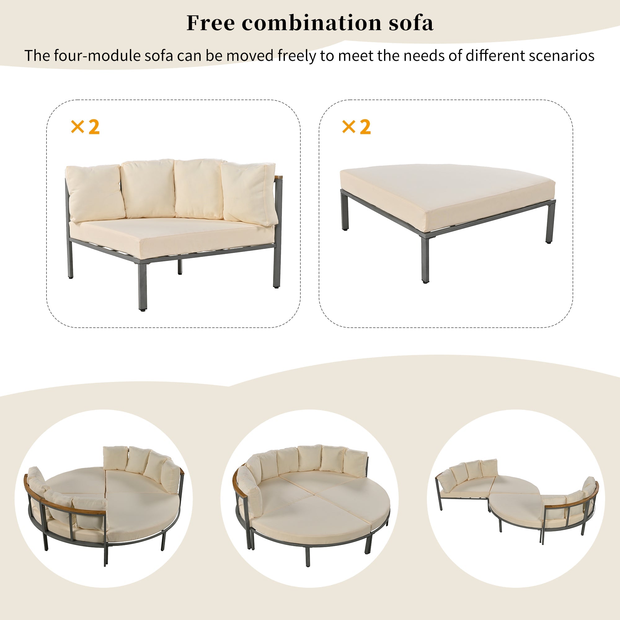 U-style Patio Furniture Set, 4 Piece Round Outdoor Conversation Set All Weather Metal Sectional Sofa with Cushions