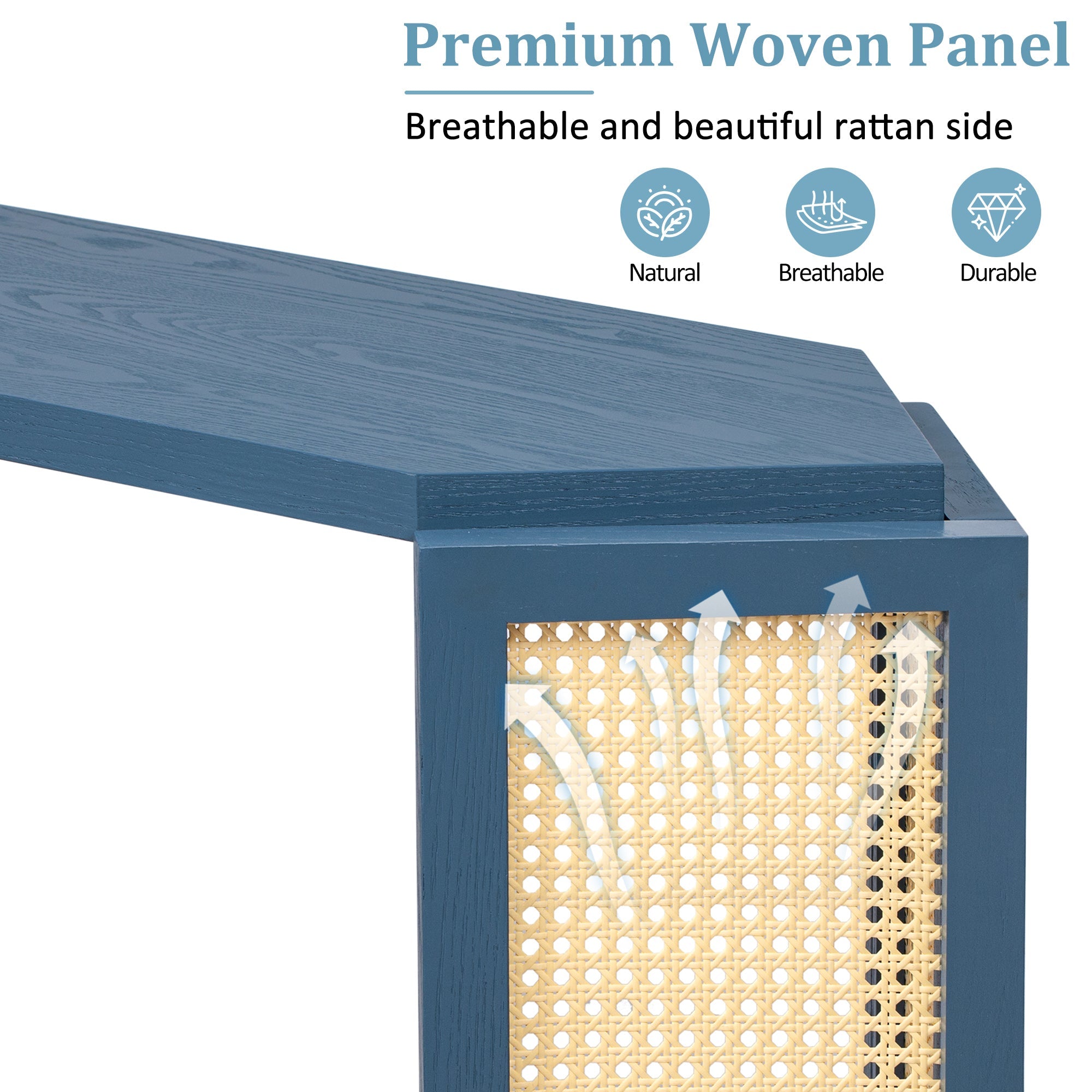 TREXM Narrow Console Table with Unique Irregular Top Design, Entryway Table with Open Shelf, Rattan Sofa Table for Living Room Hallway and Entrance (Antique Blue)