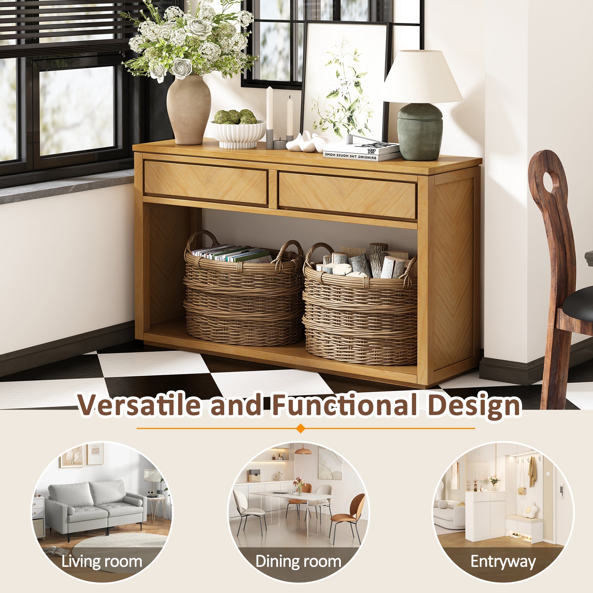 TREXM 55' Console Table, Rustic Wooden Entryway Table with Storage Drawers and Open Shelf, Elegant Sofa Table for Hallway and Living Room (Natural)