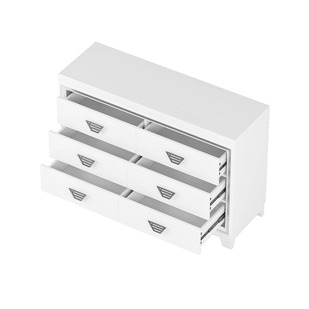 Elegant Dresser with Metal Handle and Sparkling Shiny Decoration, Storage Cabinet with 6 Drawers for Bedroom, Living Room, White