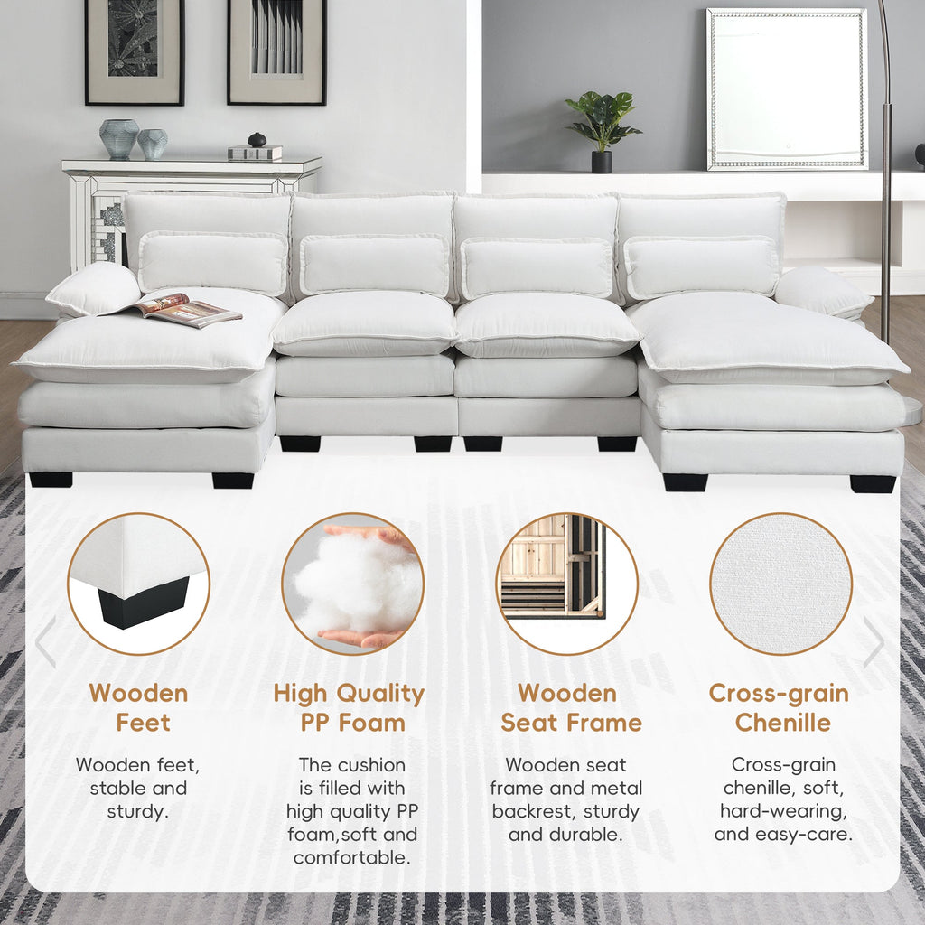 110*55' Modern U-shaped Sectional Sofa with Waist Pillows,6-seat Upholstered Symmetrical Sofa Furniture,Sleeper Sofa Couch with Chaise Lounge for Living Room,Apartment,5 Color