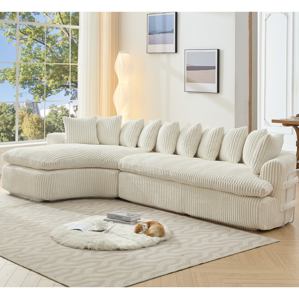 127''  Large Sectional Sofa ,Elegant Curved Design ,High-Resilience Foam ,Ten Back Cushions,L-Shape Left Sofa,No Assembly  Required , (Beige-Soft Corduroy Fabric)