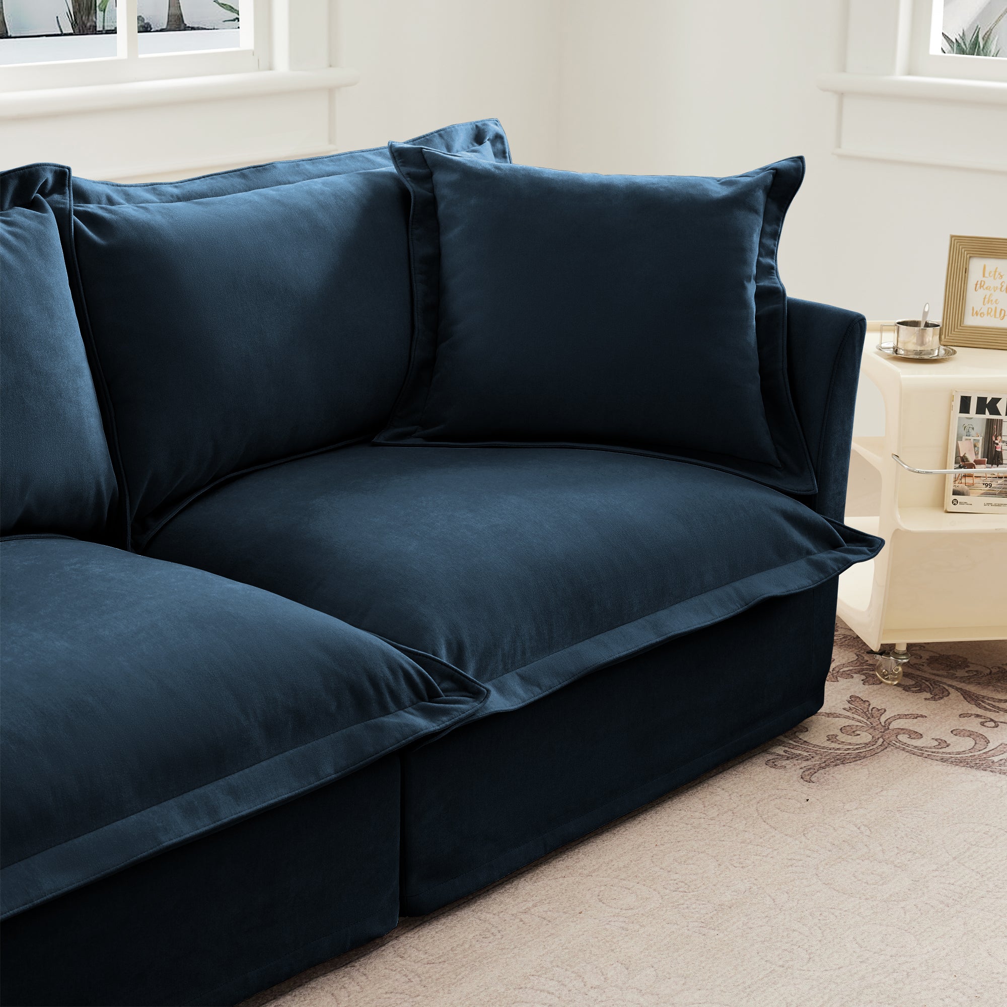 Slipcovered Sofa 2 Seater Sofa    With 2 Ottomans, 2 Seater Sleeper Sofa Bed Home Theater Oversized Sofa For Living Room, Chenille, Blue