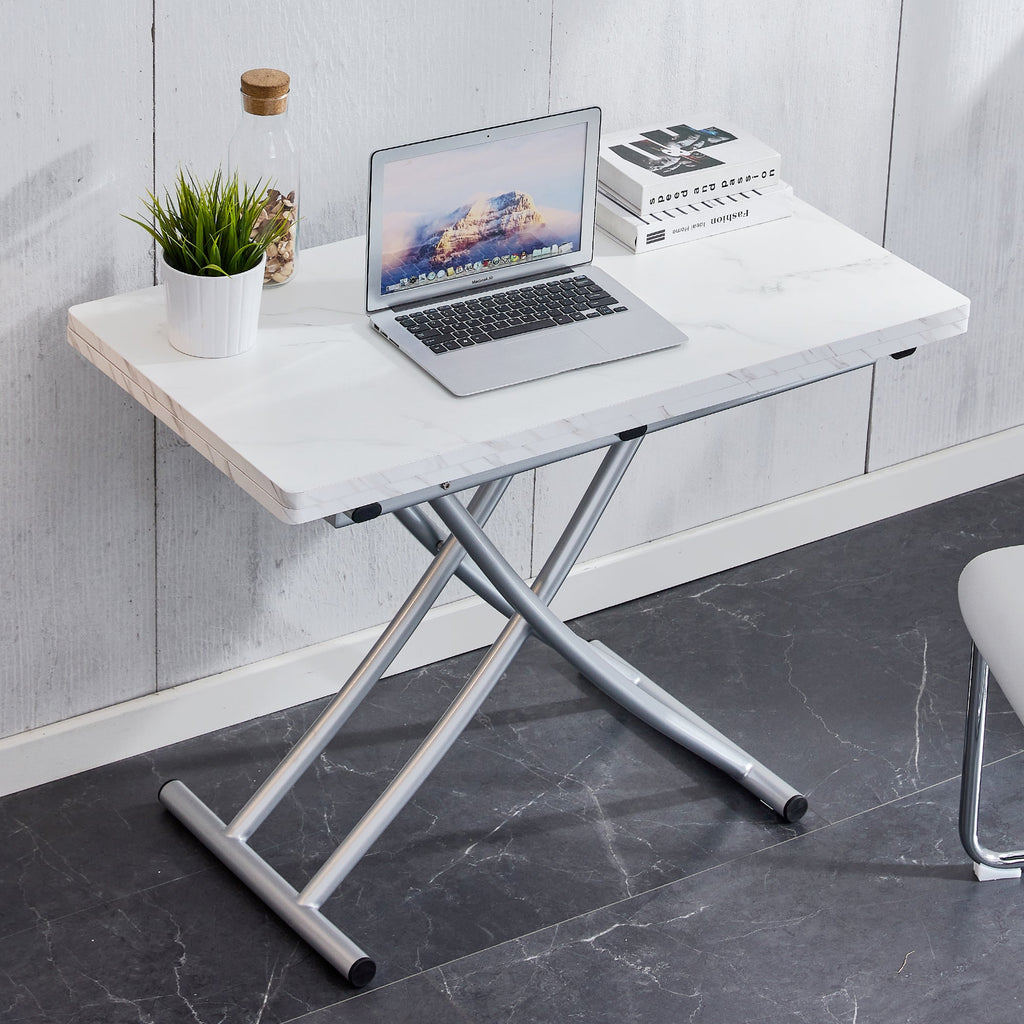 Modern minimalist multifunctional lift table with 0.8 inch MDF desktop and silver metal legs, can be used as a dressing table, coffee table, dining table, and office table