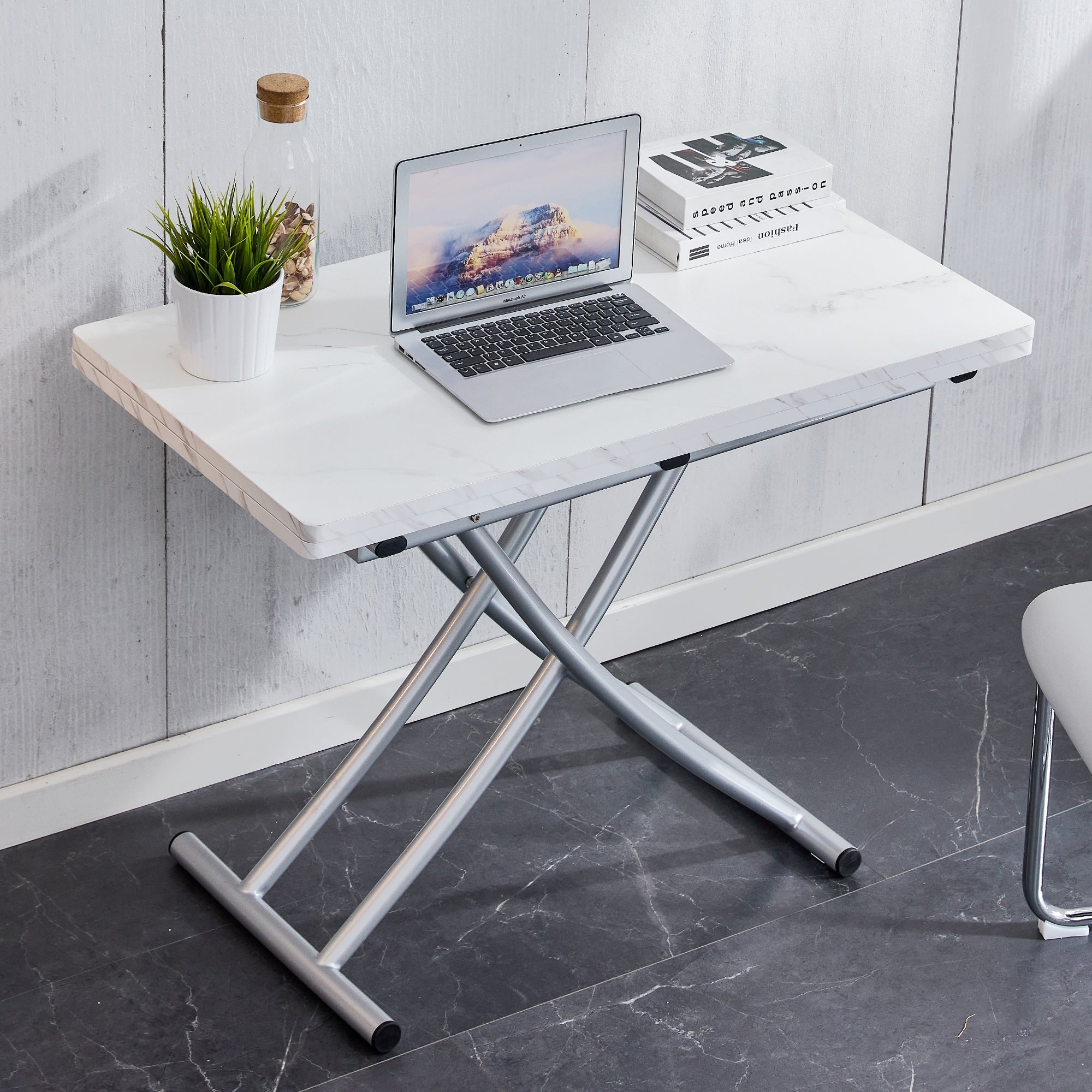 Modern minimalist multifunctional lift table with 0.8 inch MDF desktop and silver metal legs, can be used as a dressing table, coffee table, dining table, and office table