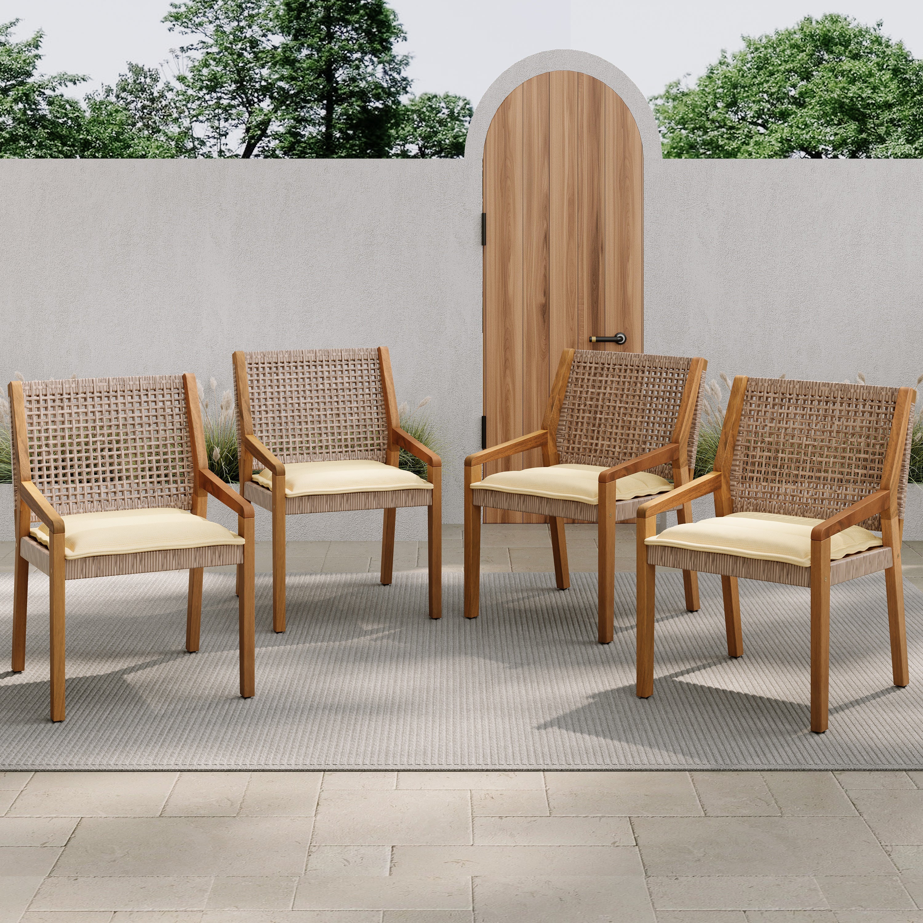 Outdoor Dining Set – Premium Acacia Wood Della Table & Wicker Chairs with Cream Cushion for Comfortable Dining Experience,Suitable for large gatherings(1 Table + 4 Chairs)