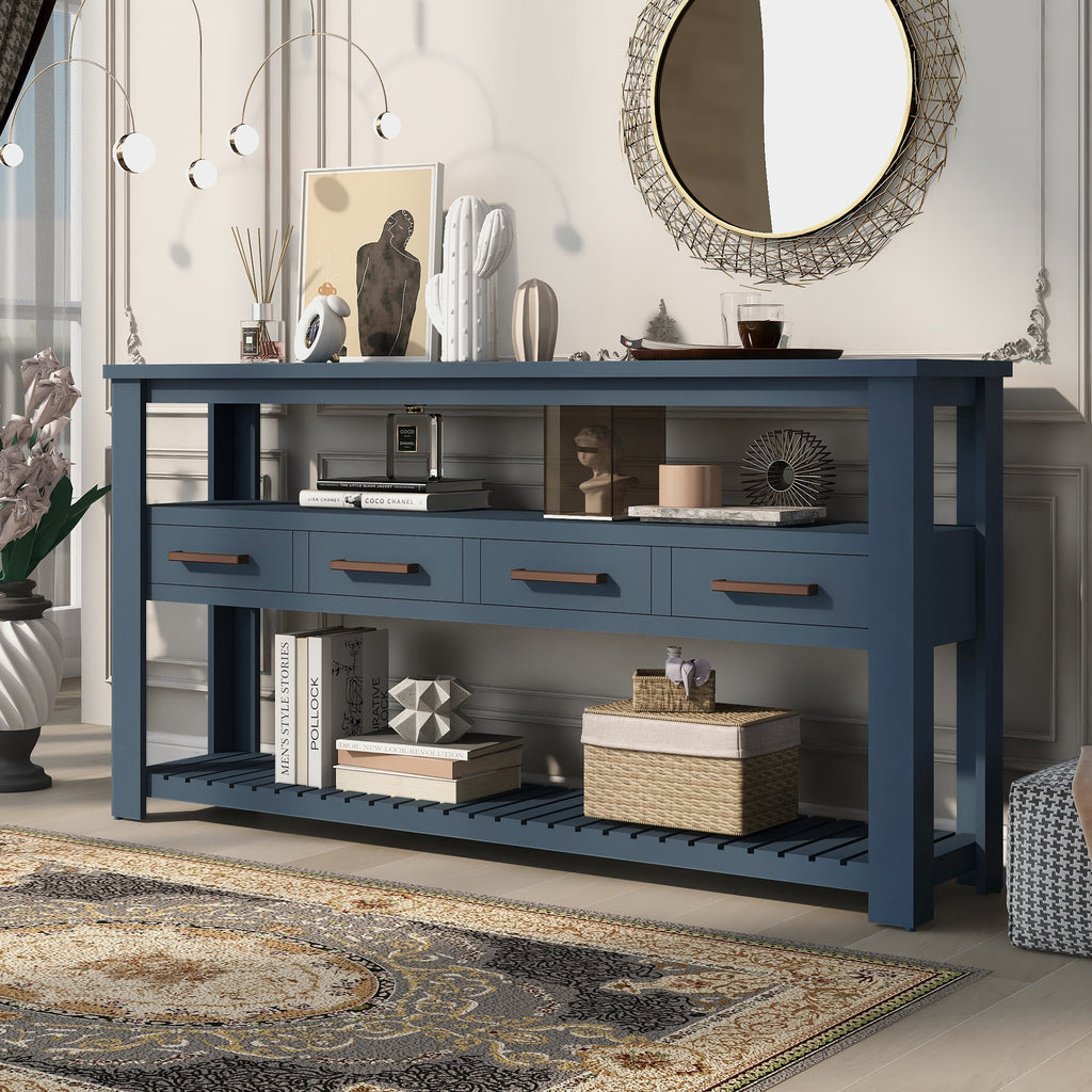 U_STYLE 62.2''Large Entryway Table with 4 Drawers,Painted Console Table with 3-Tier Open Shelves and Metal Handles,Versatile Hallway Sofa Table for Living Room, Bedroom, Foyer and Kitchen