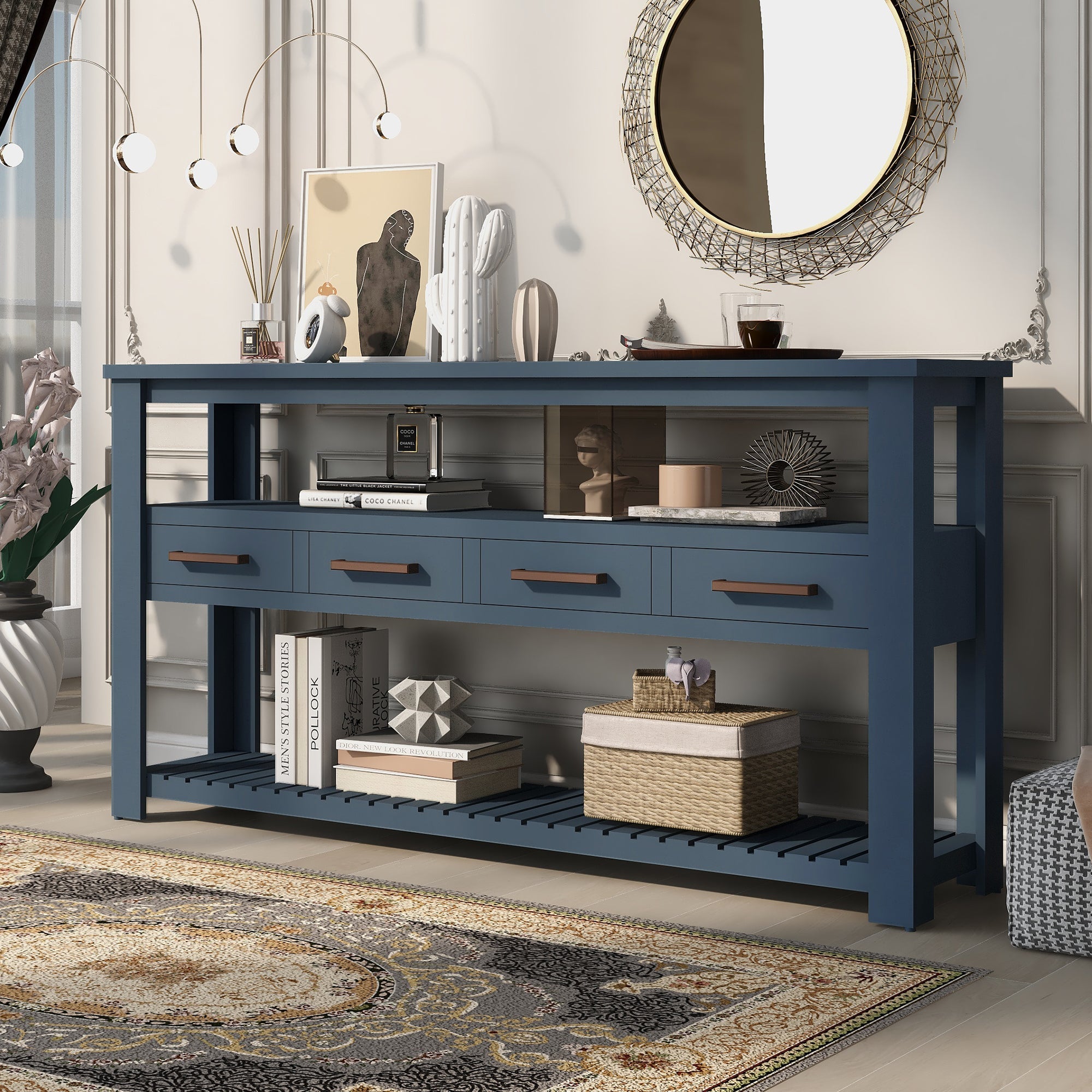 U_STYLE 62.2''Large Entryway Table with 4 Drawers,Painted Console Table with 3-Tier Open Shelves and Metal Handles,Versatile Hallway Sofa Table for Living Room, Bedroom, Foyer and Kitchen