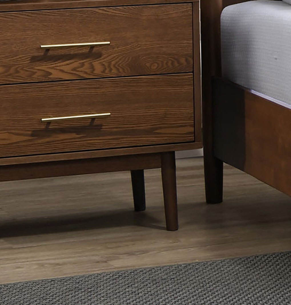 Walnut 1pc Nightstand Solid wood Bedside Table Nickle Bar Pulls 2-Drawers Round Tapered Legs Bedroom Modern Style