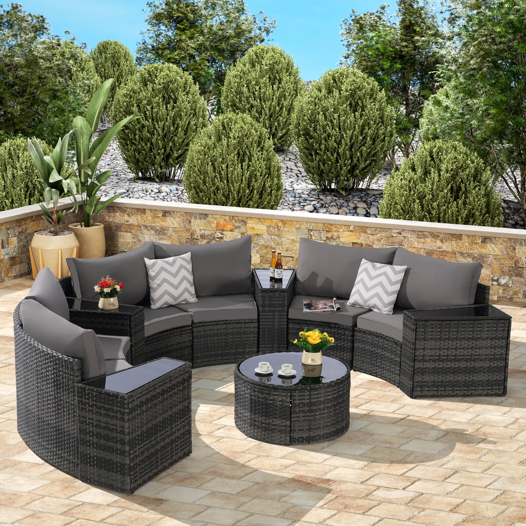 Outdoor Patio Furniture 11-Piece Half-Moon Sectional Round Patio Furniture Set Sofa with Tempered Glass Round Coffee Table