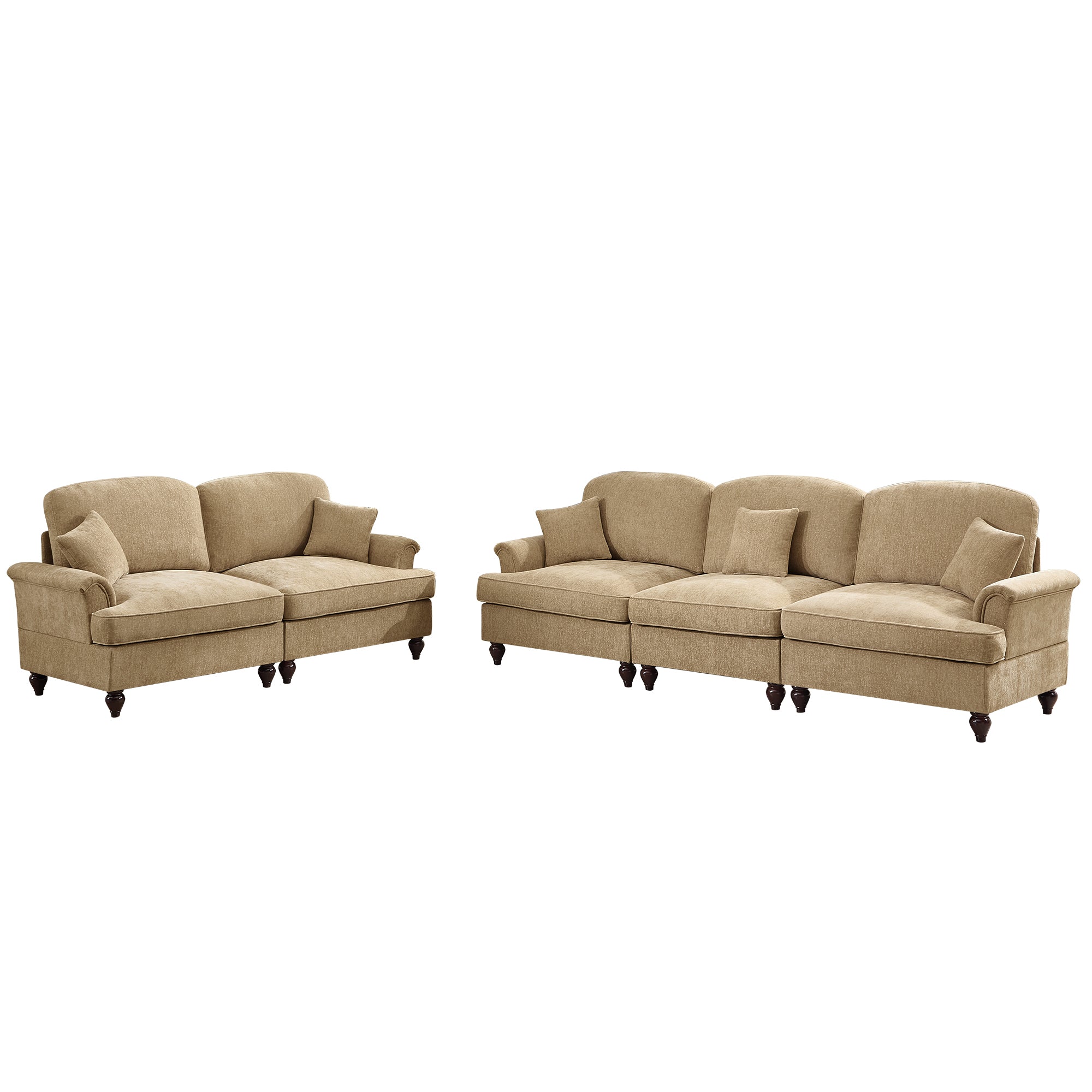 Classic 2 Piece Modular Couch Living Room Sofa Set with Flared Arms and Removable Ruffles Pleats Skirts and Spindle Legs, 3 Seater Sofa + 2-Seat Loveseat Sofa Sets for Living Room, Light Coffee