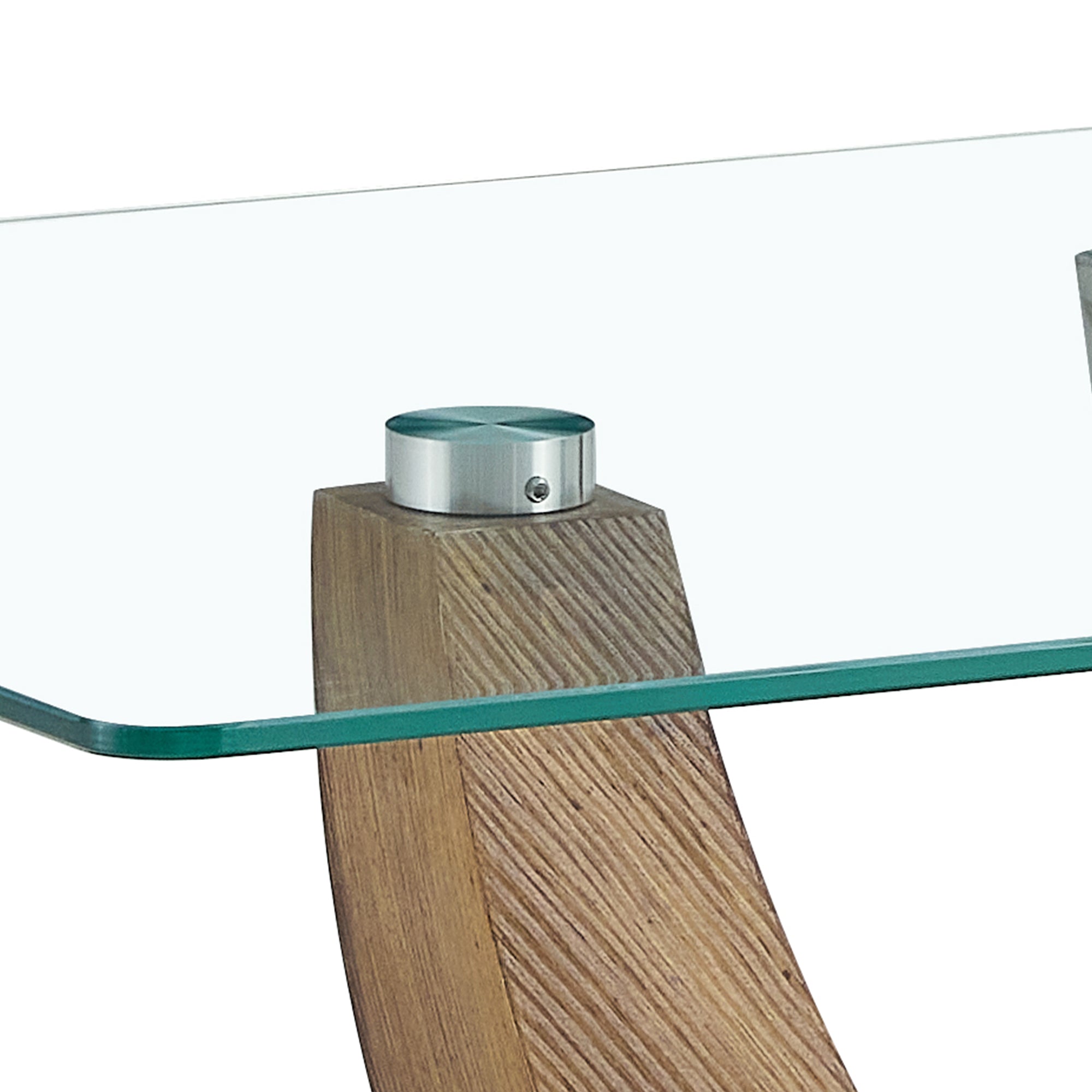 Modern minimalist transparent tempered glass coffee table with wooden MDF legs and stainless steel decorative columns. Computer desk. Game table. CT-907