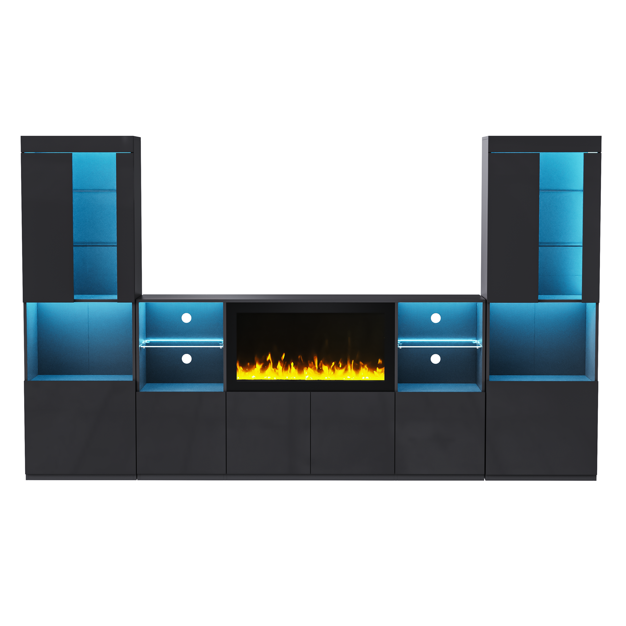 ON-TREND Modern TV Stand with 34.2' Non-heating Electric Fireplace, High Gloss Entertainment Center with LED Lights, Media Console with Tempered Glass Shelves for TVs up to 75', Black